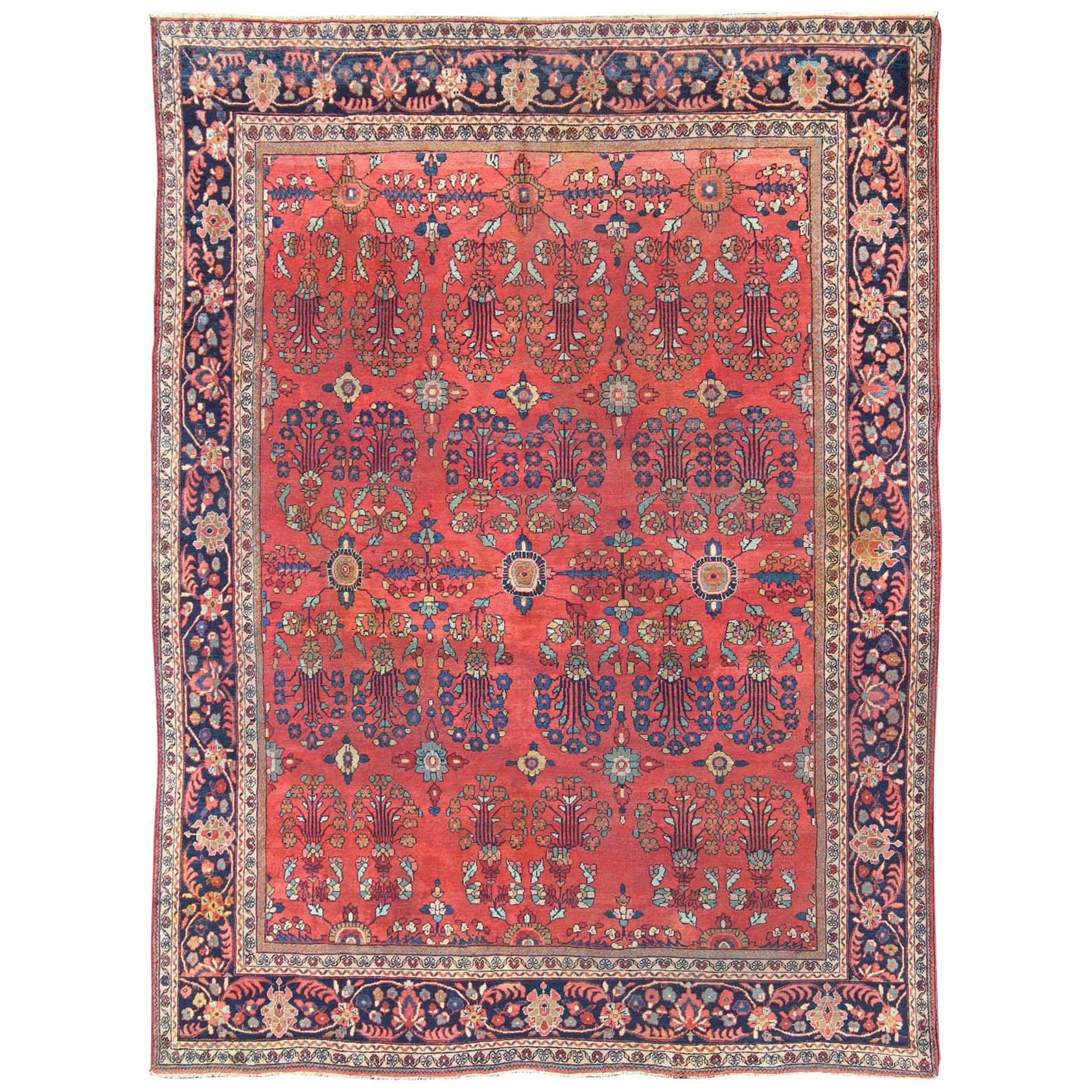 Antique Sultanabad Carpet with All-Over Large Scale Flower Design With Red Field