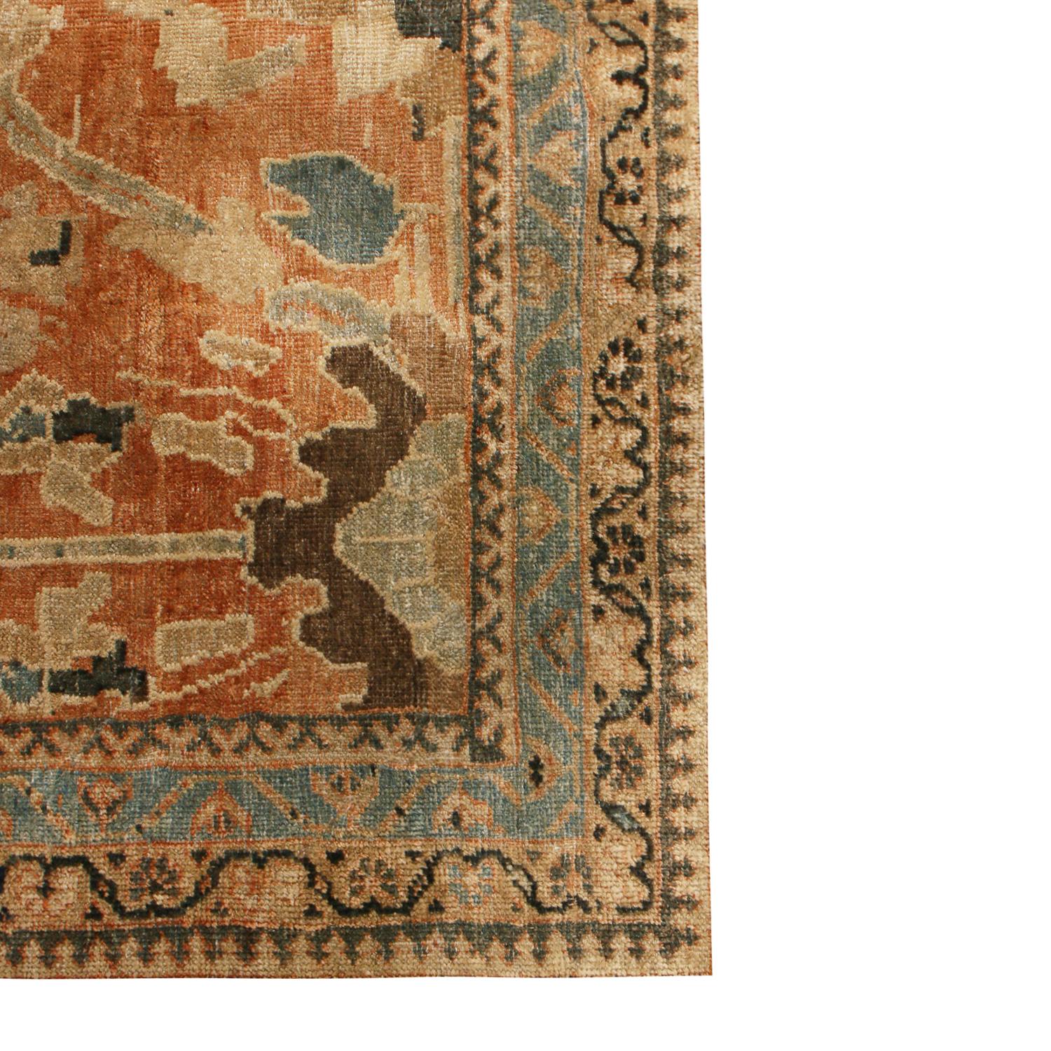 Hand-Knotted Antique Sultanabad Geometric Orange and Beige Wool Persian Rug
