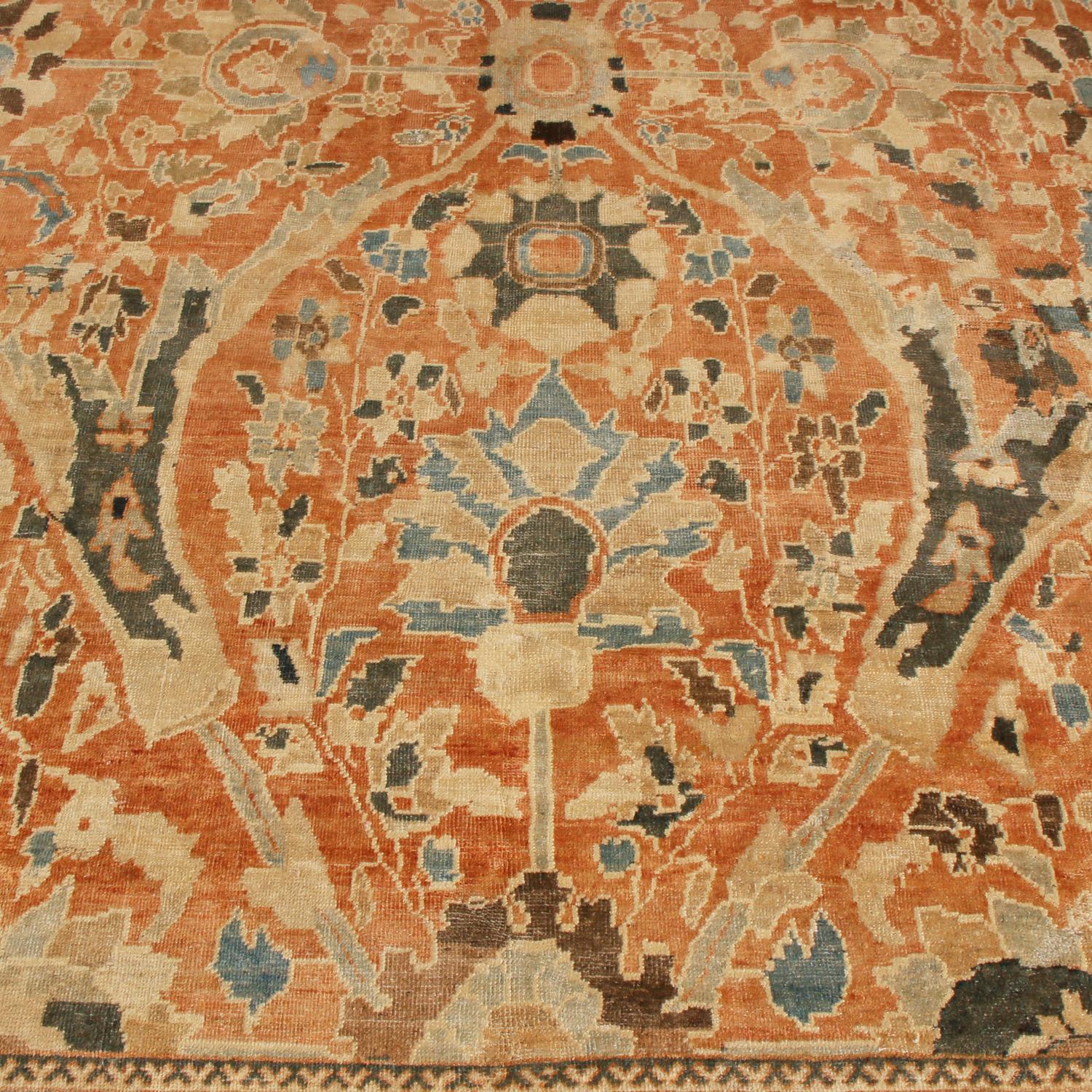 Antique Sultanabad Geometric Orange and Beige Wool Persian Rug In Good Condition In Long Island City, NY