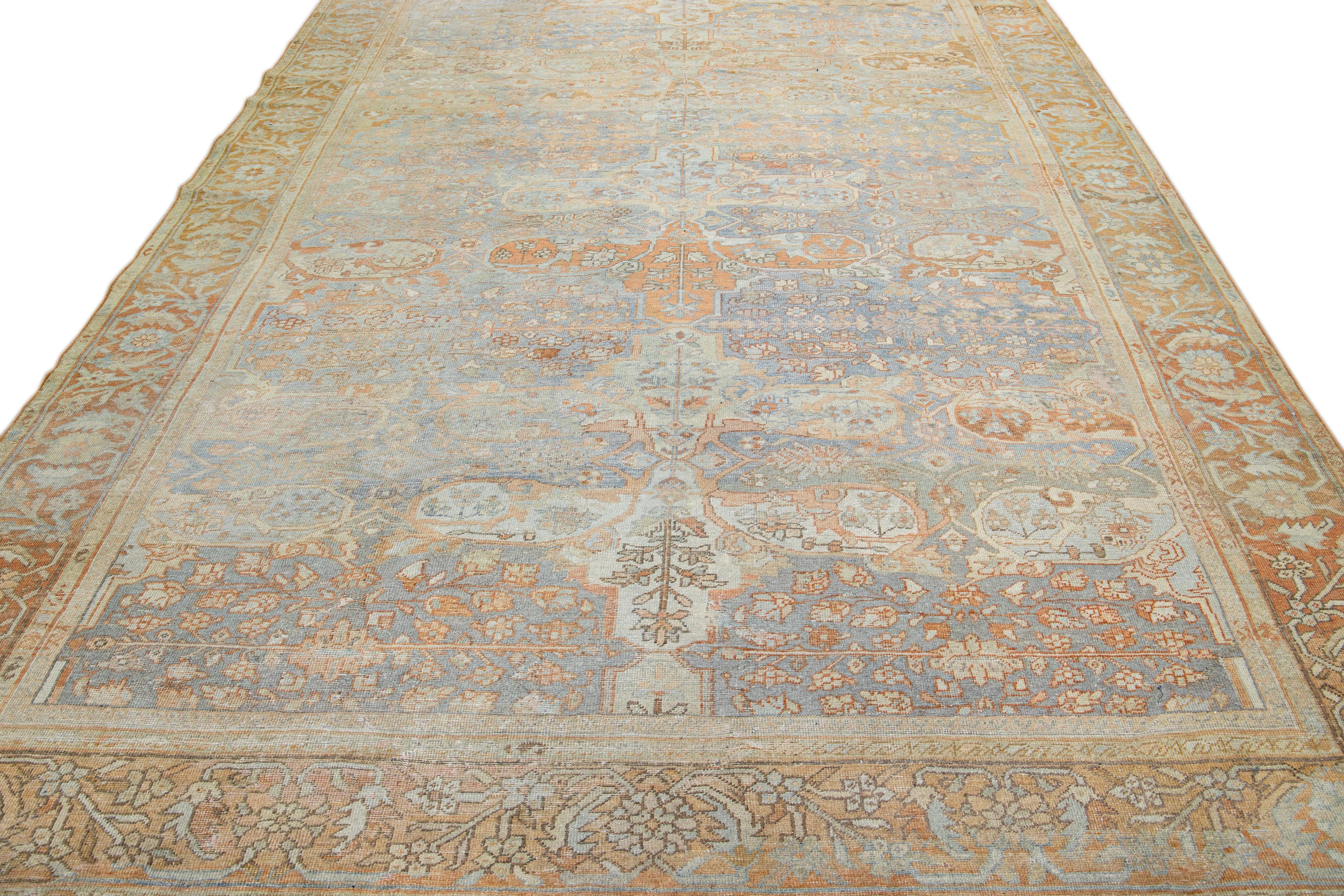 Islamic Antique Sultanabad Handmade Allover Floral Light Blue Wool Rug For Sale