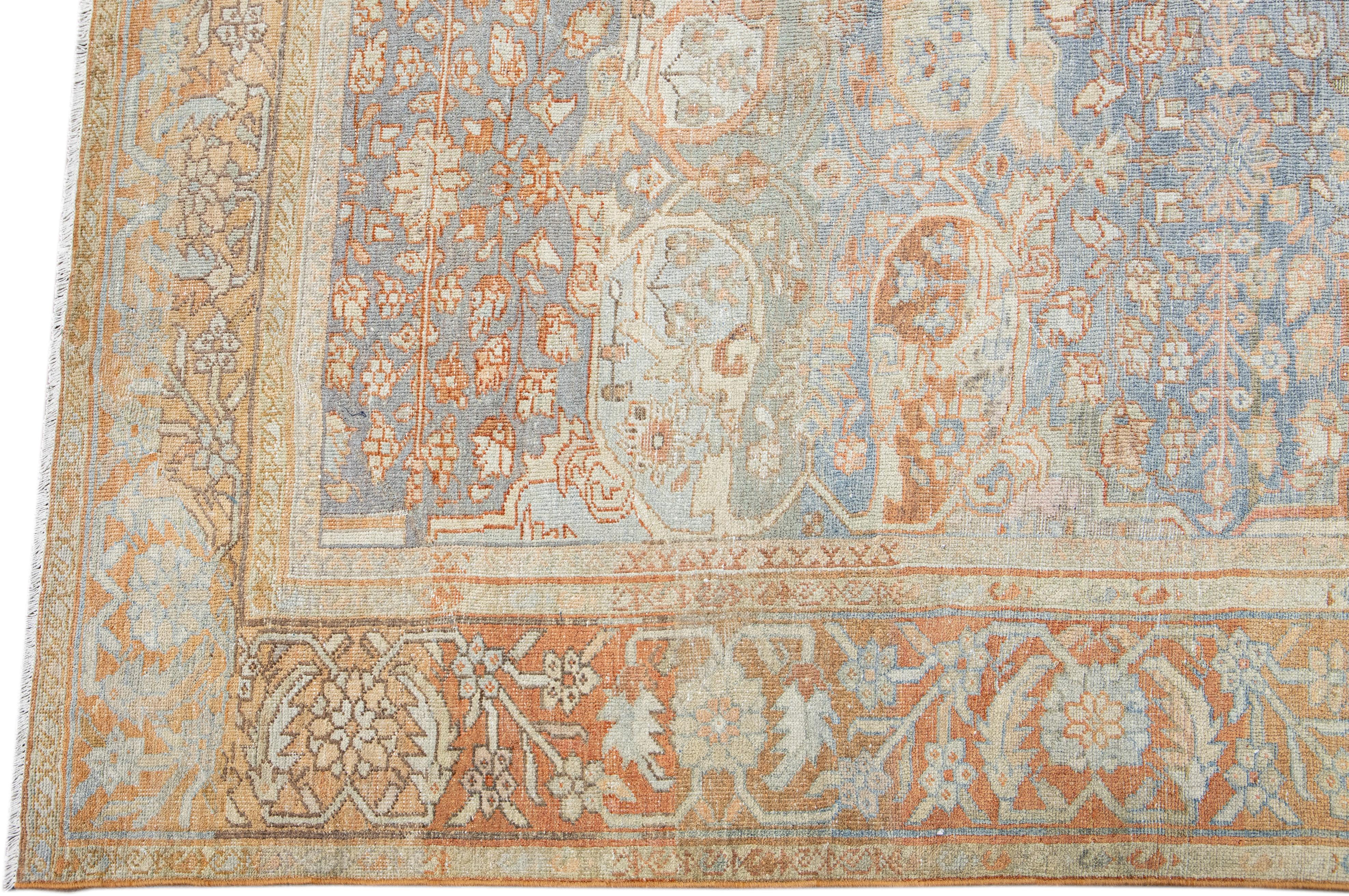 Persian Antique Sultanabad Handmade Allover Floral Light Blue Wool Rug For Sale
