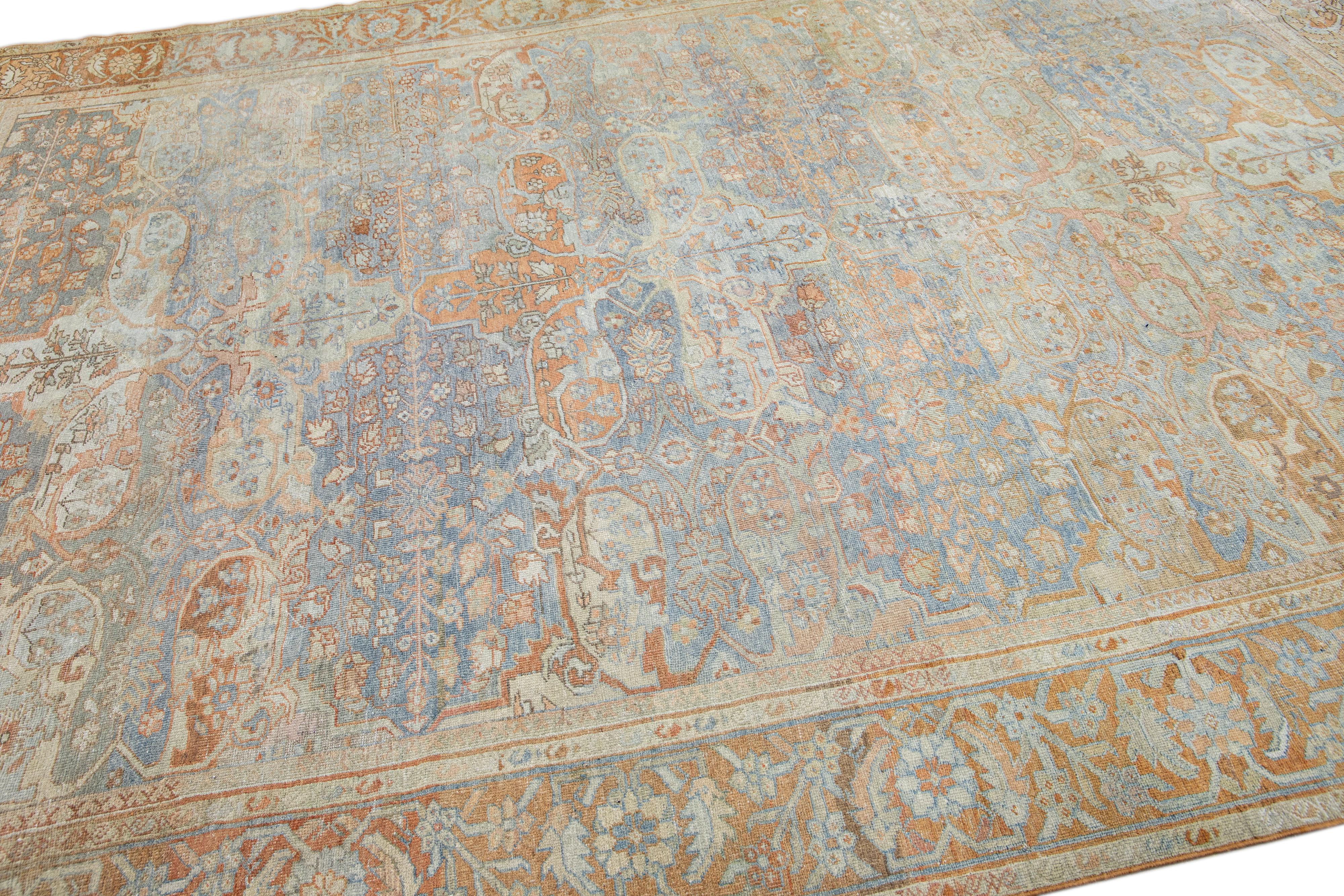 19th Century Antique Sultanabad Handmade Allover Floral Light Blue Wool Rug For Sale