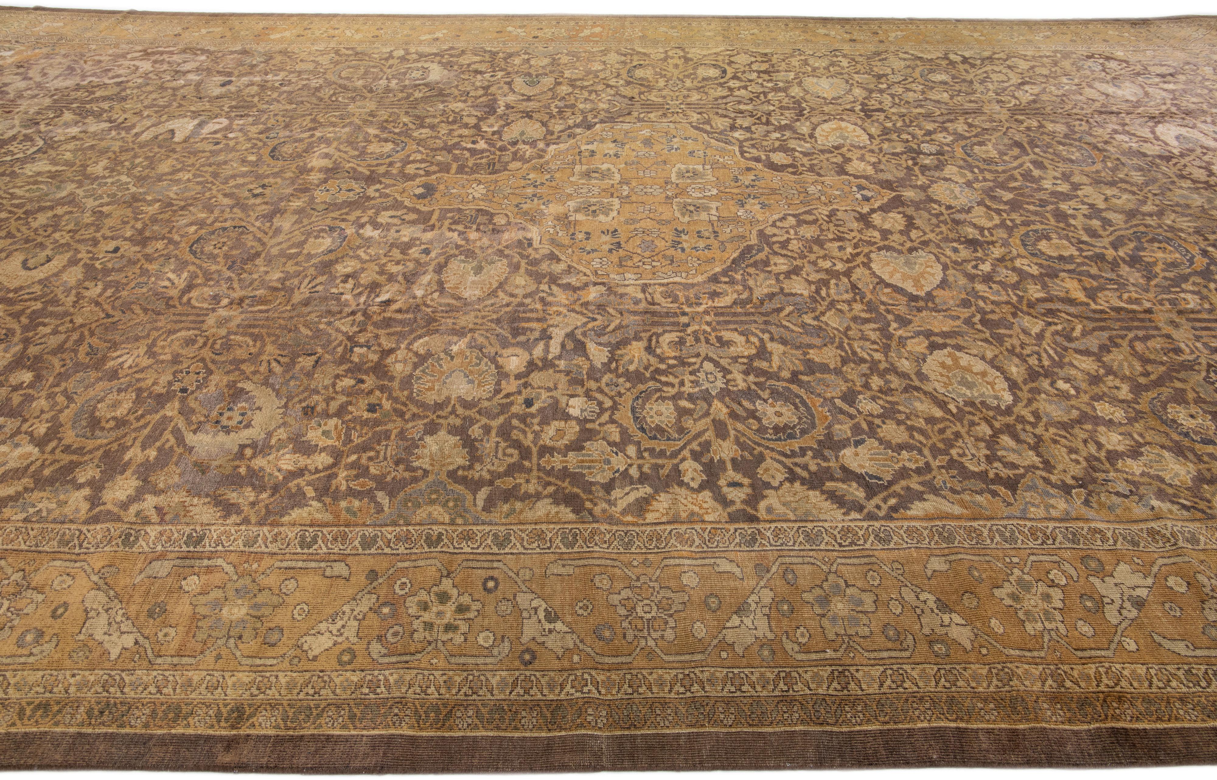 Persian Antique Sultanabad Handmade Allover Motif Brown Oversize Wool Rug For Sale