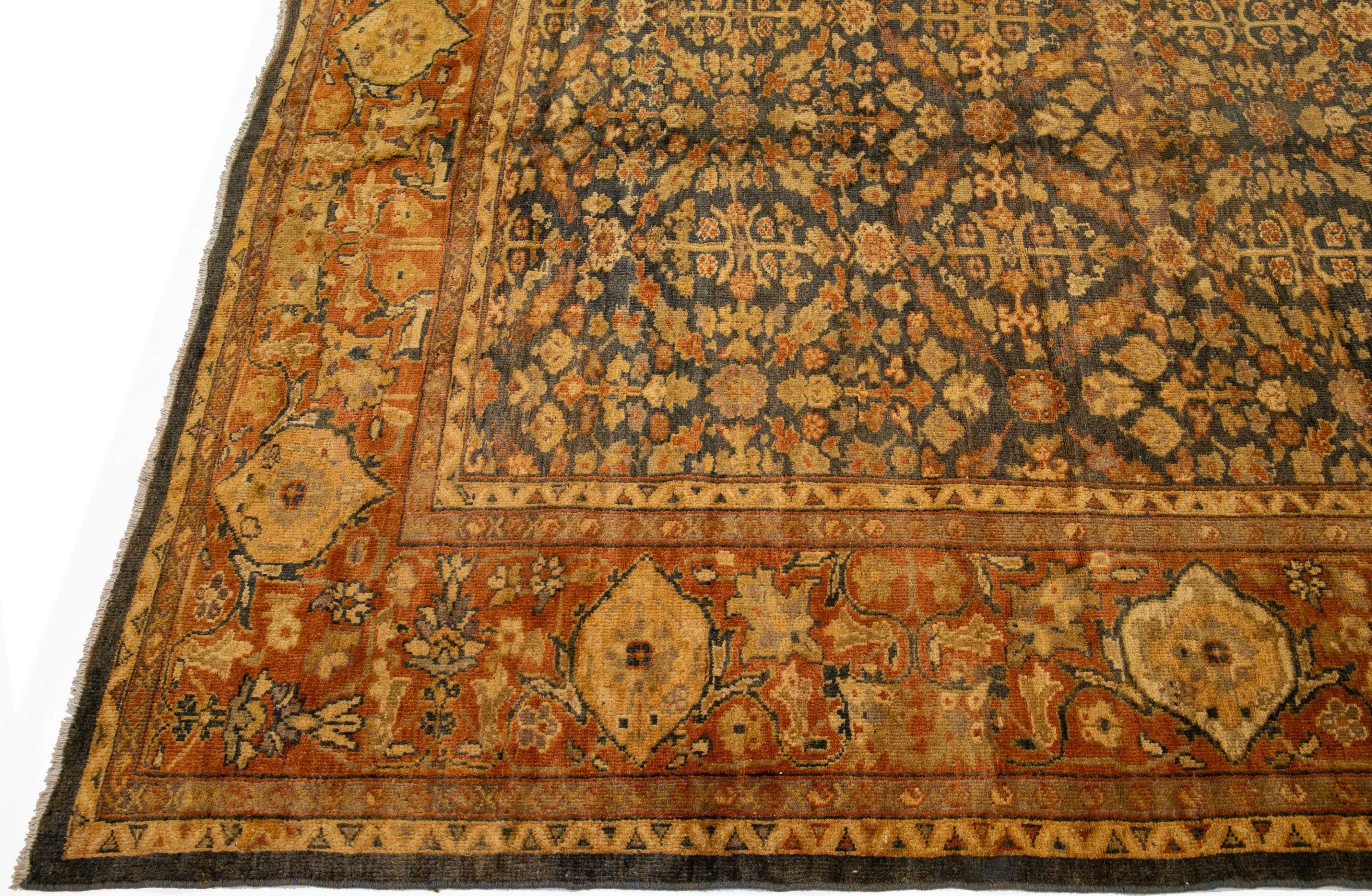 Persian Antique Sultanabad Handmade Blue & Rust Wool Rug with Allover Floral Pattern For Sale