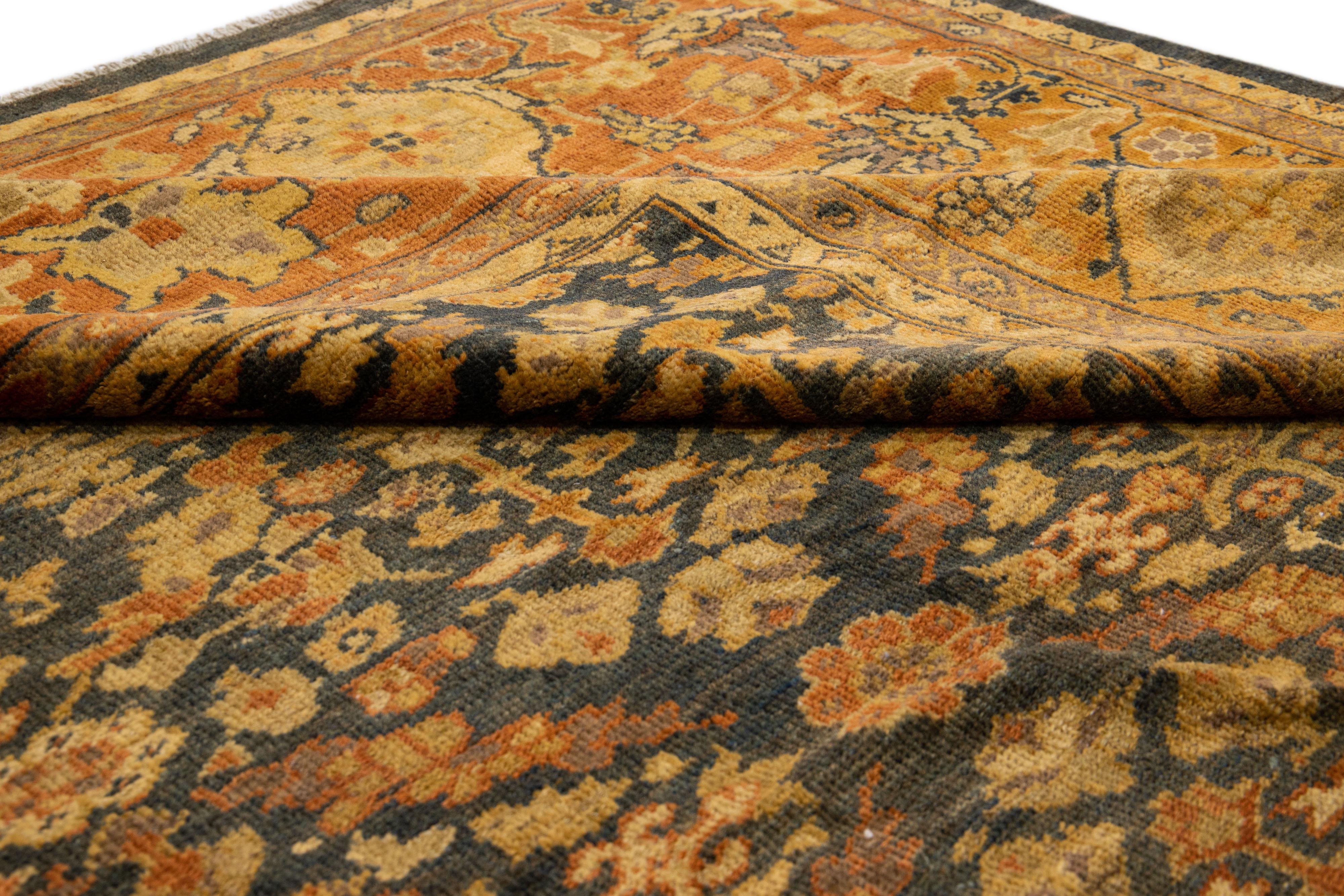Antique Sultanabad Handmade Blue & Rust Wool Rug with Allover Floral Pattern In Good Condition For Sale In Norwalk, CT