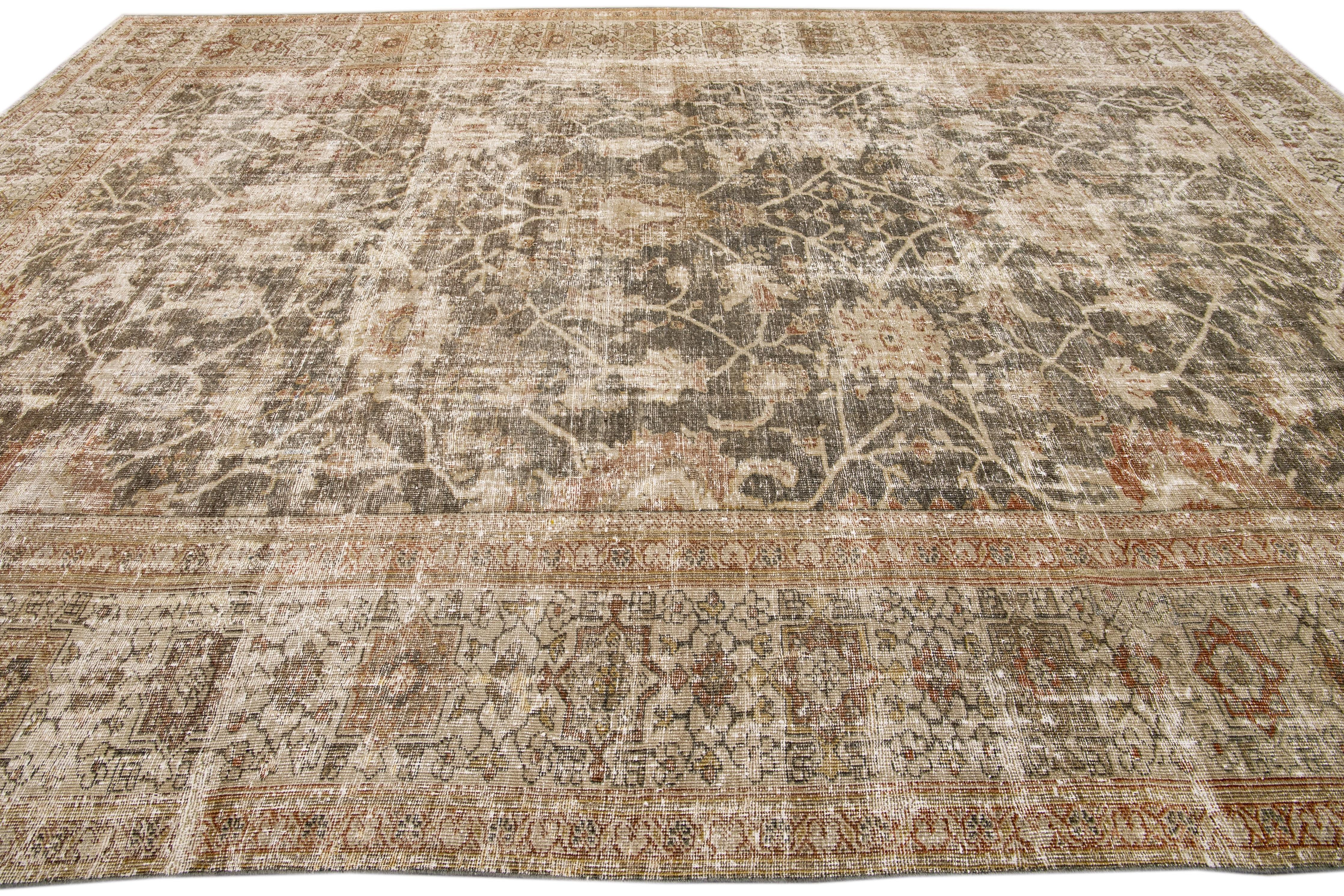 Antique Sultanabad Handmade Floral Blue and Brown Distressed Wool Rug In Distressed Condition For Sale In Norwalk, CT