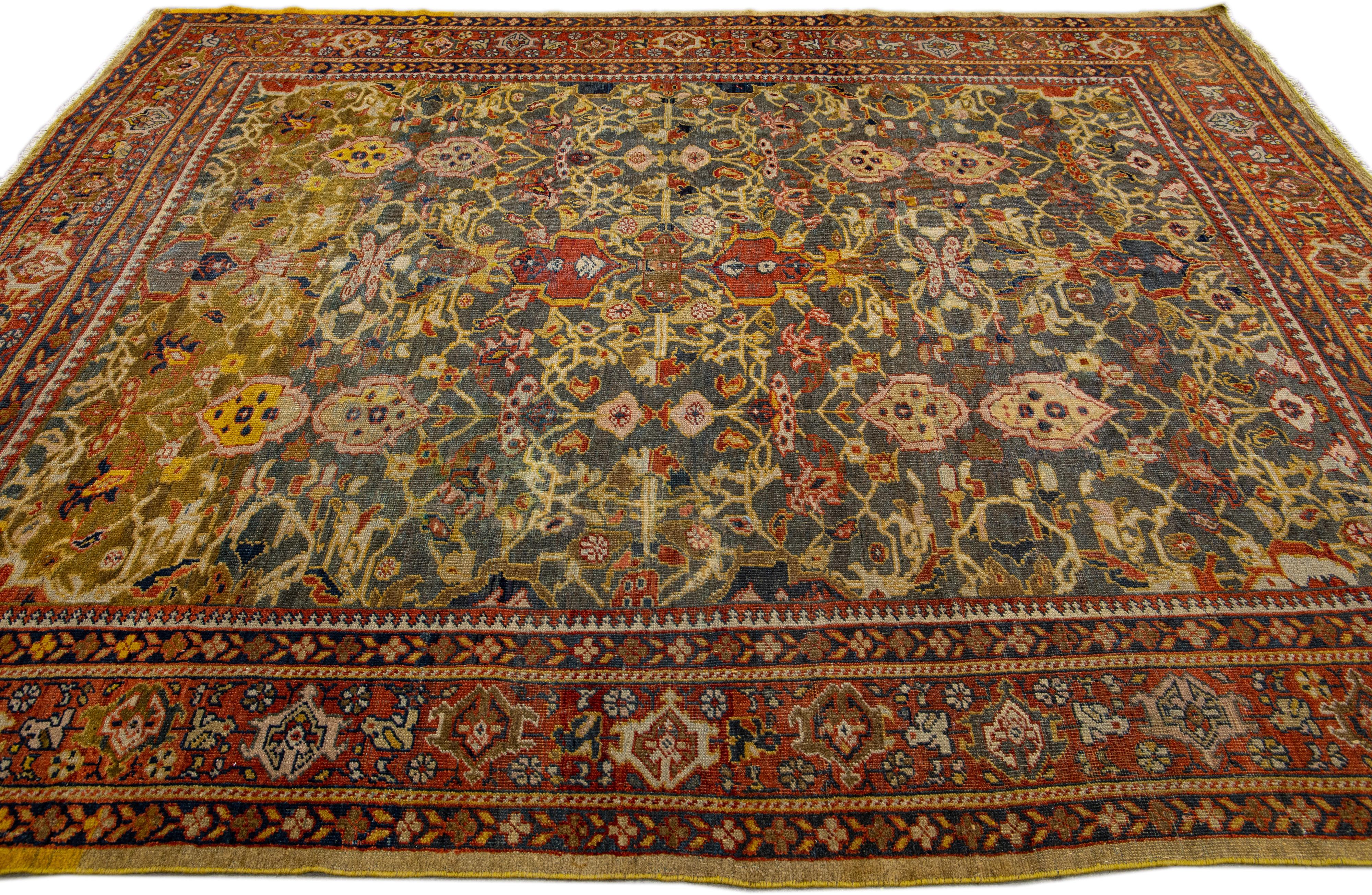 Hand-Knotted Antique Sultanabad Handmade Floral Pattern Gray Wool Rug For Sale