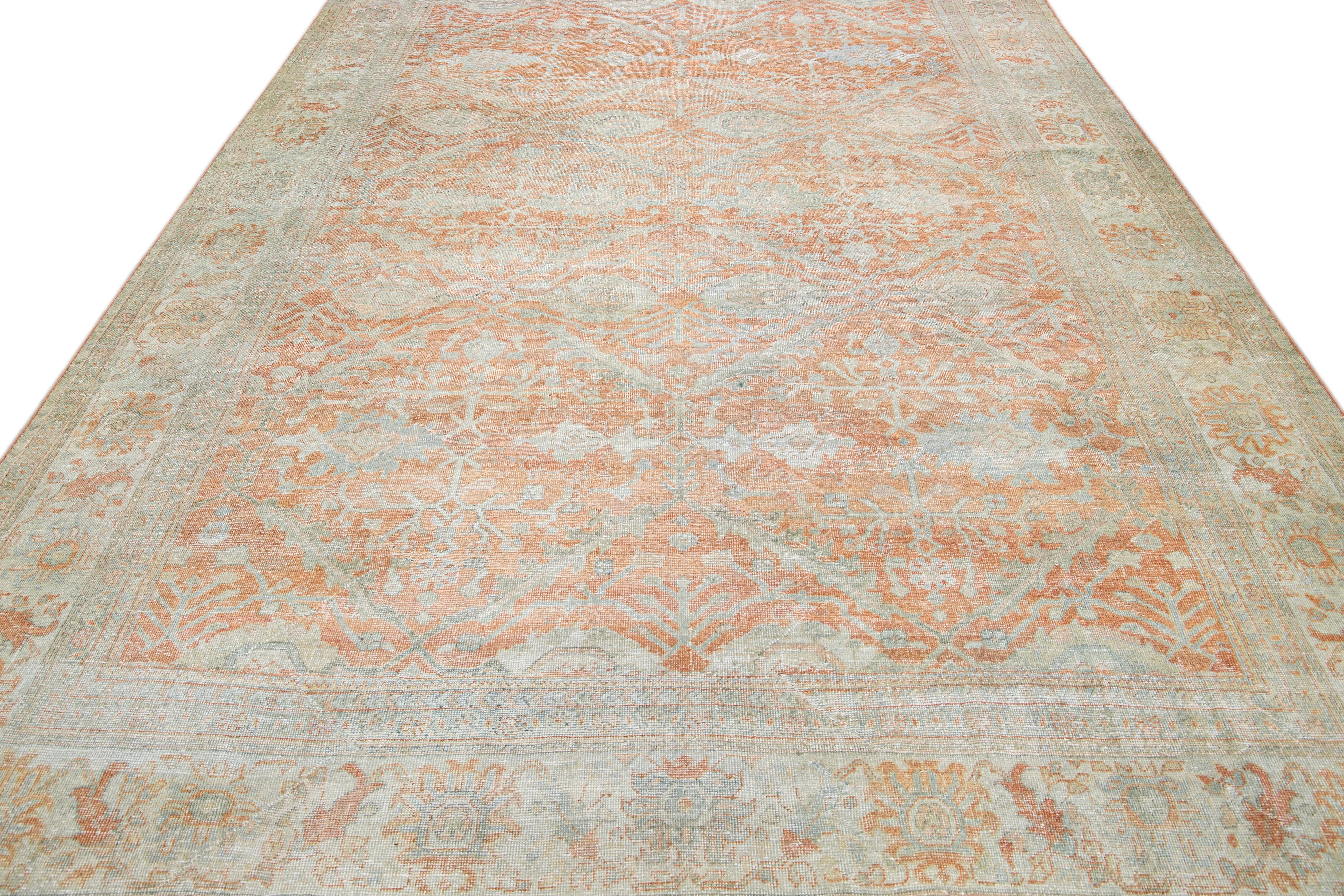 Islamic Antique Sultanabad Handmade Floral Pattern Orange Wool Rug For Sale