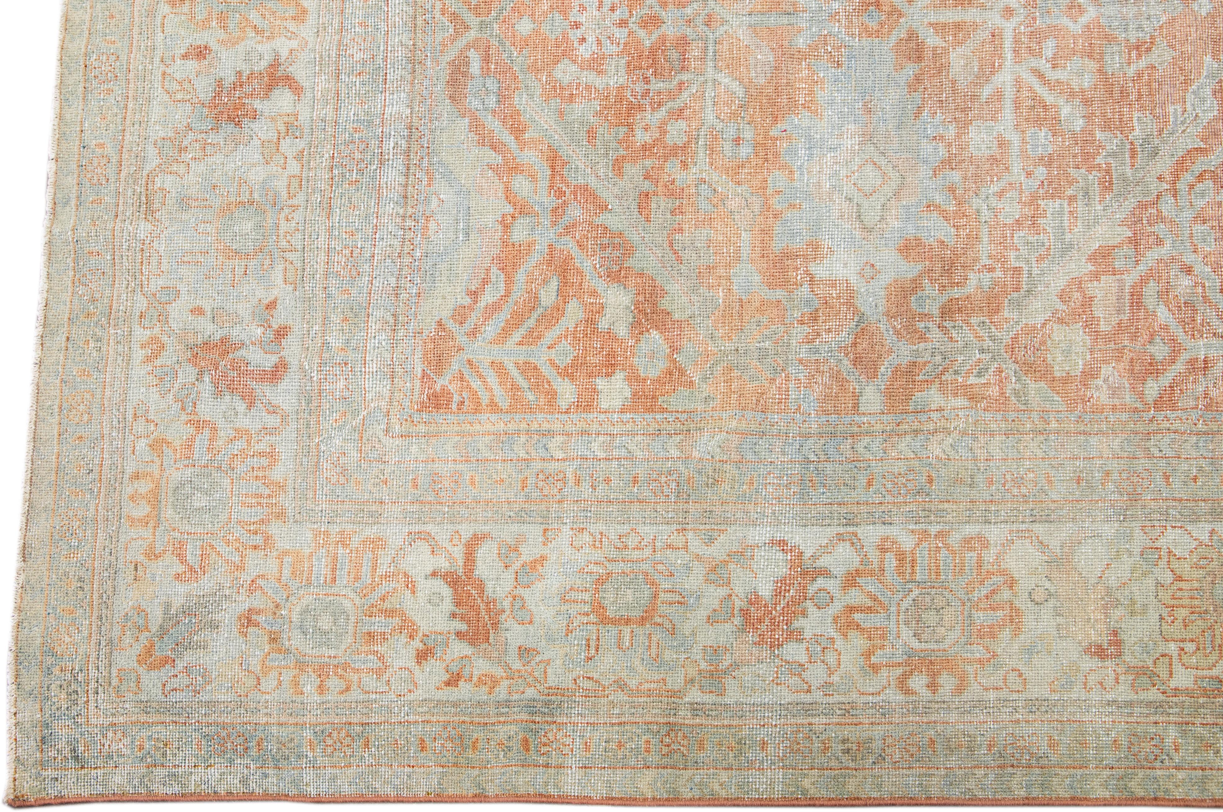 Persian Antique Sultanabad Handmade Floral Pattern Orange Wool Rug For Sale