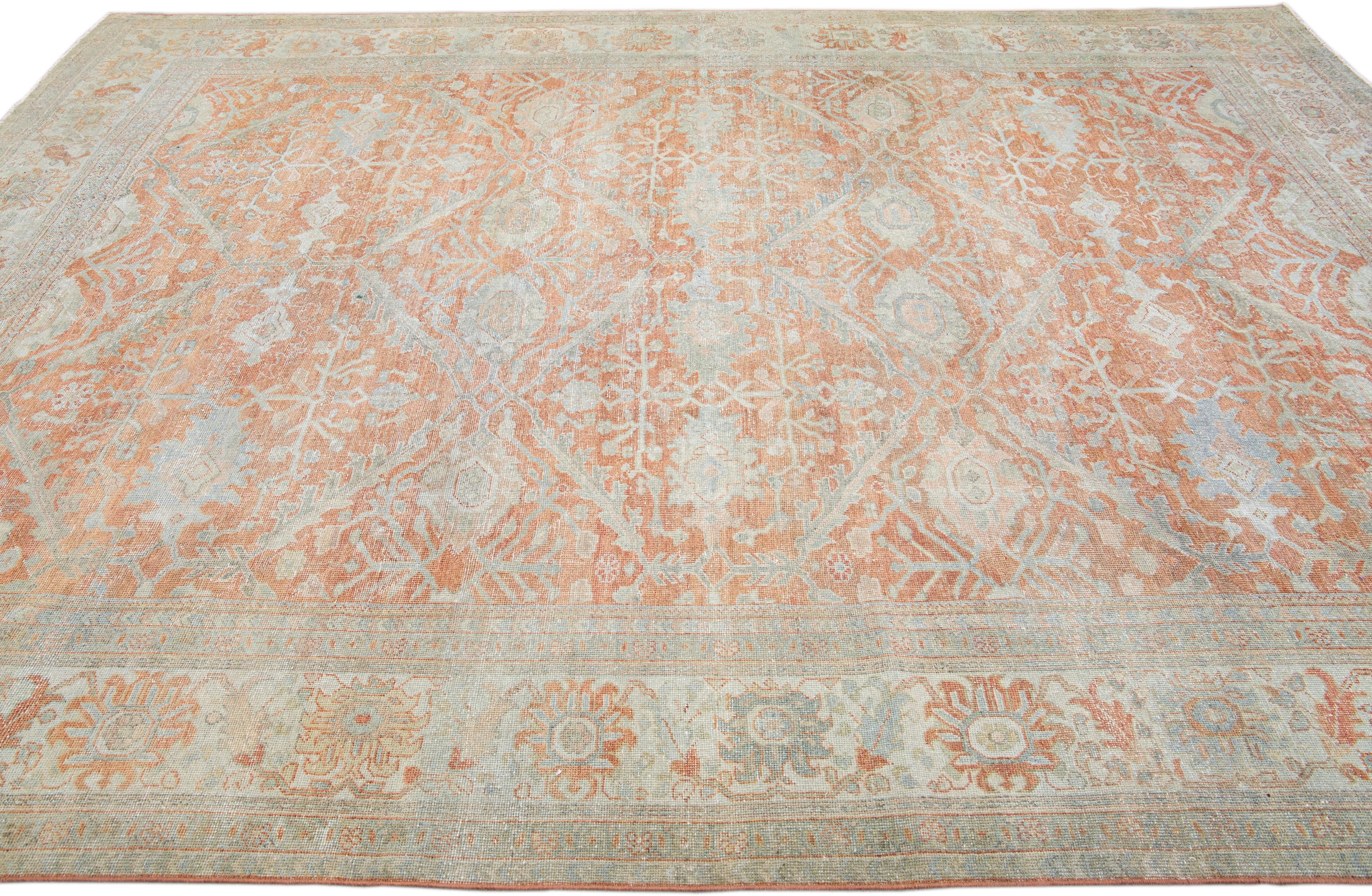 Hand-Knotted Antique Sultanabad Handmade Floral Pattern Orange Wool Rug For Sale