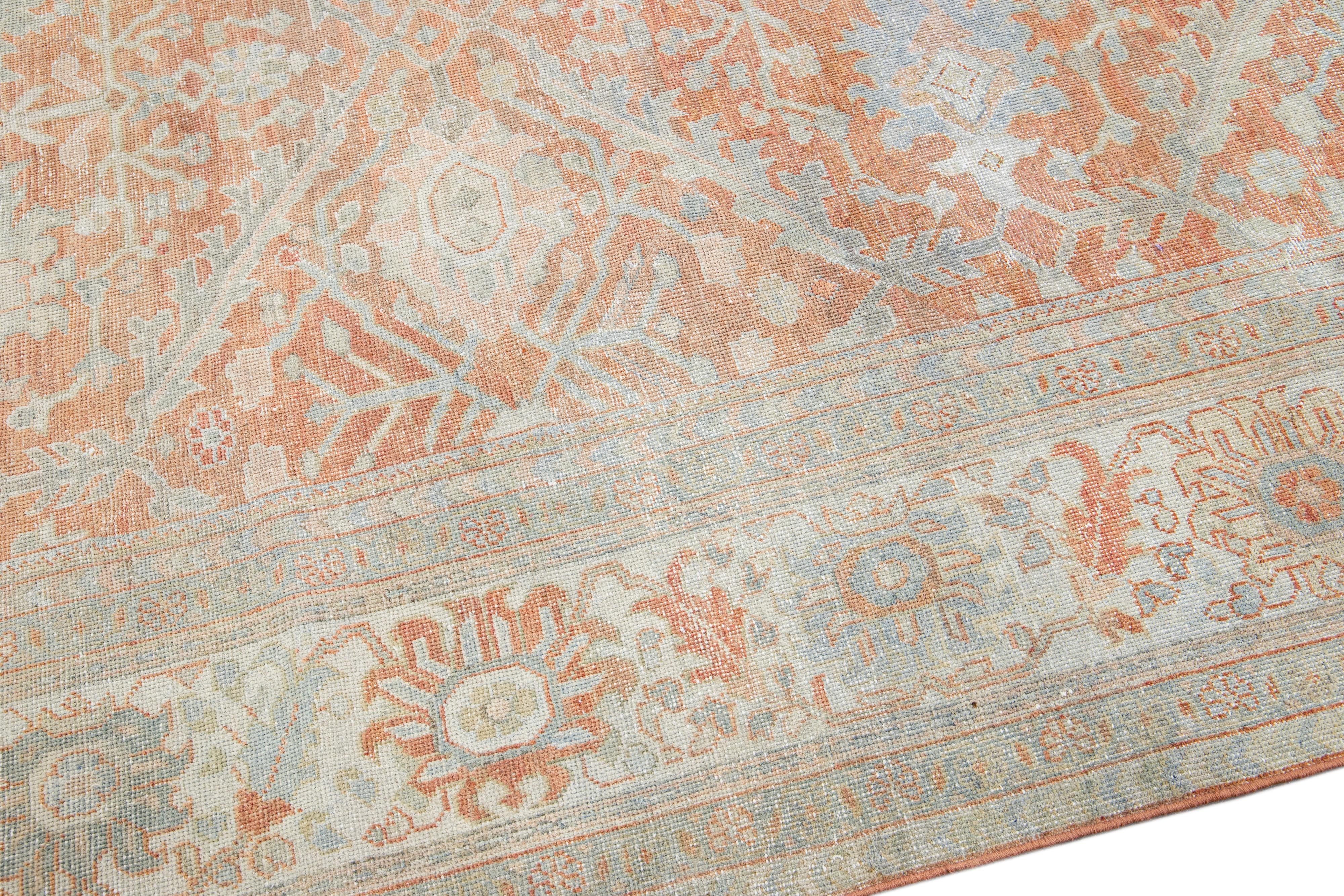 Antique Sultanabad Handmade Floral Pattern Orange Wool Rug In Good Condition For Sale In Norwalk, CT