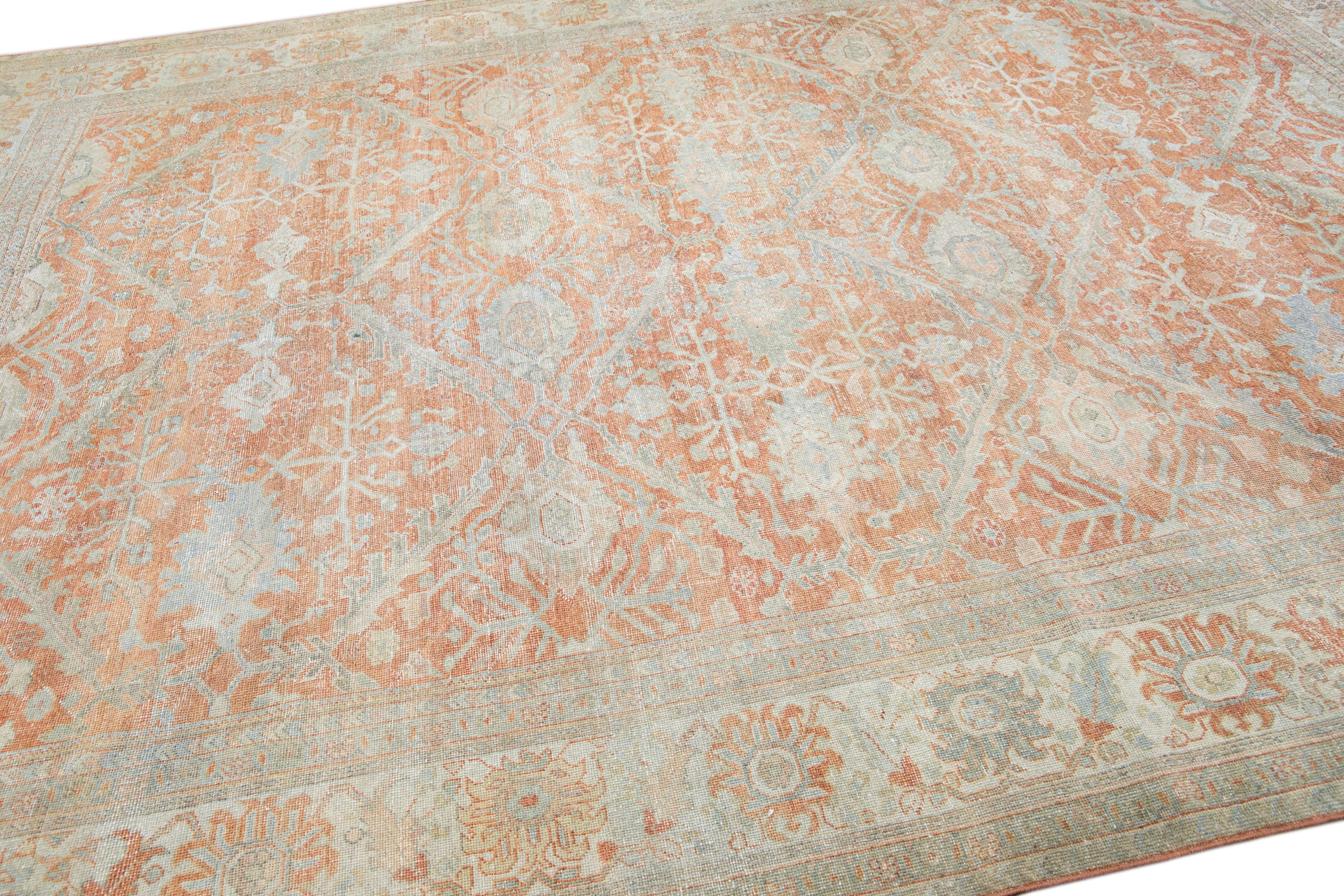 Antique Sultanabad Handmade Floral Pattern Orange Wool Rug For Sale 1
