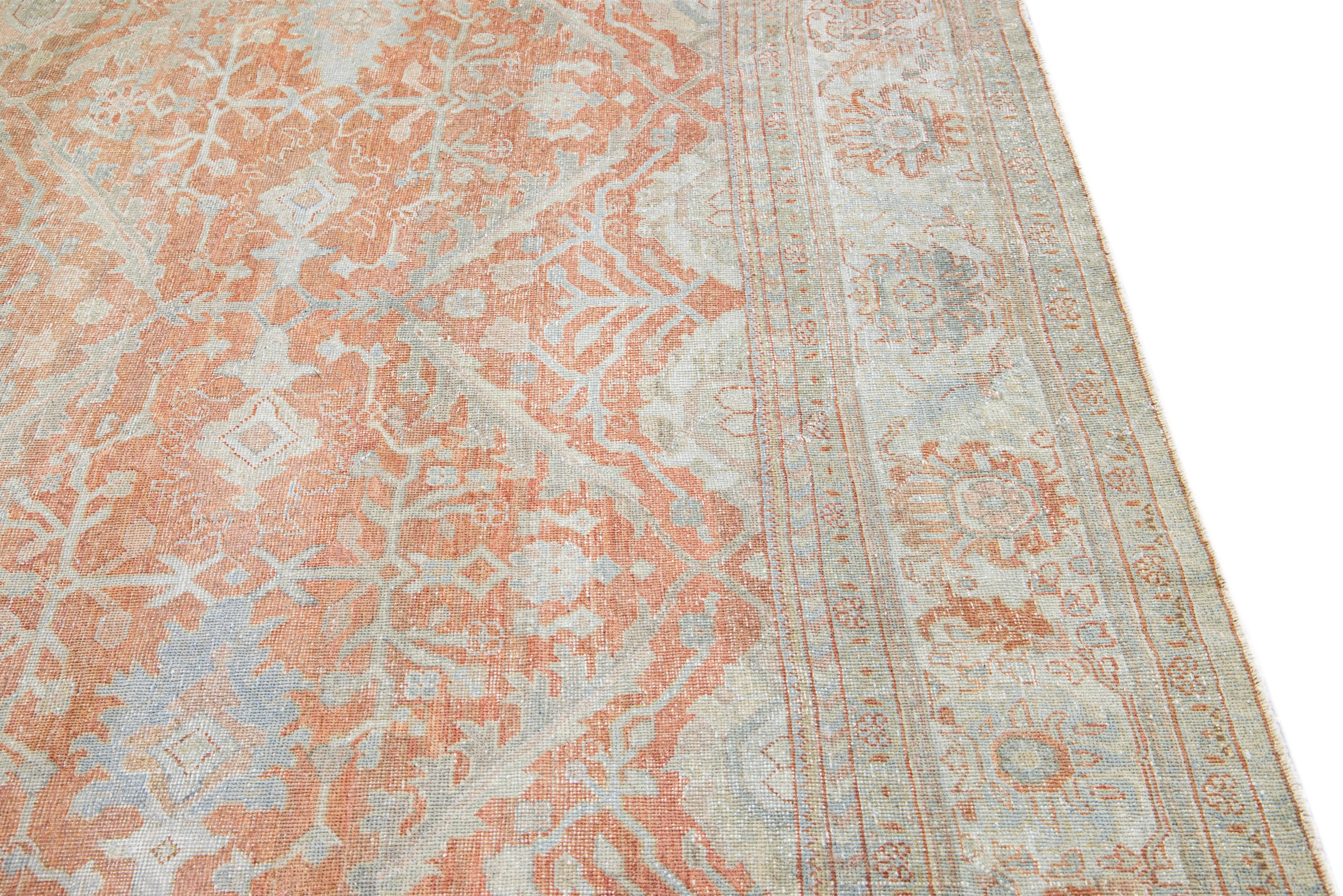 Antique Sultanabad Handmade Floral Pattern Orange Wool Rug For Sale 2