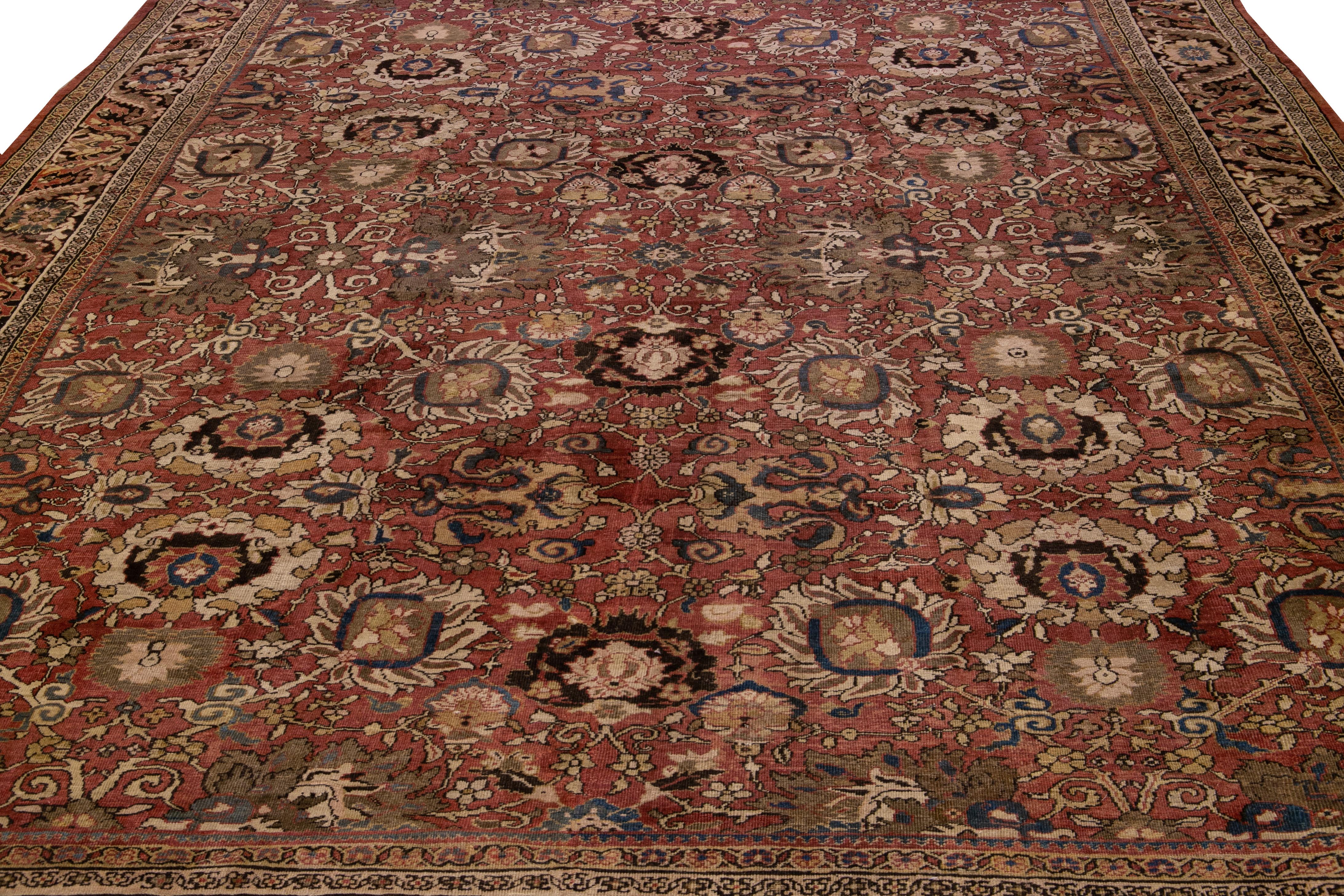 Islamic Antique Sultanabad Handmade Floral Red Oversize Wool Rug For Sale
