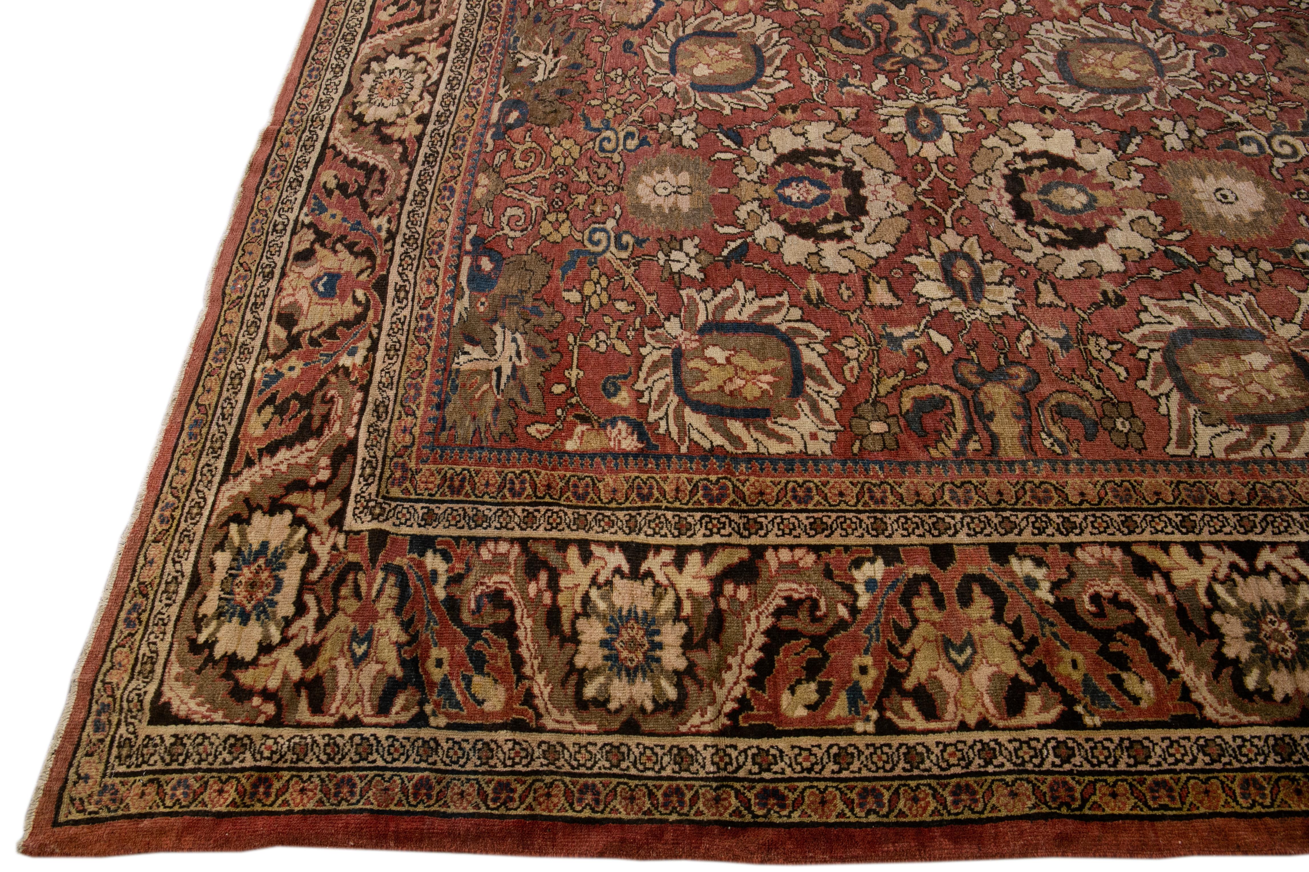Persian Antique Sultanabad Handmade Floral Red Oversize Wool Rug For Sale