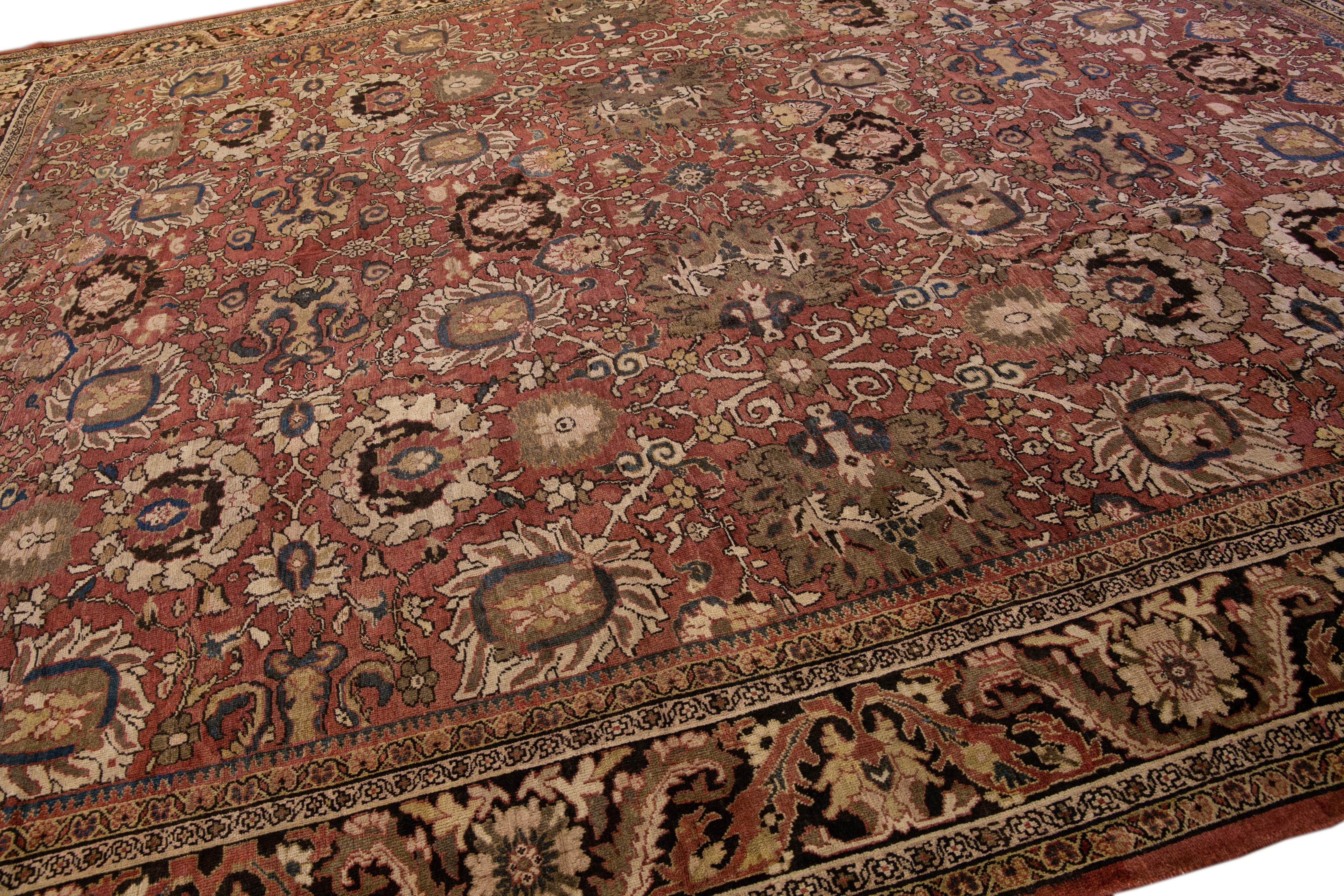 Hand-Knotted Antique Sultanabad Handmade Floral Red Oversize Wool Rug For Sale