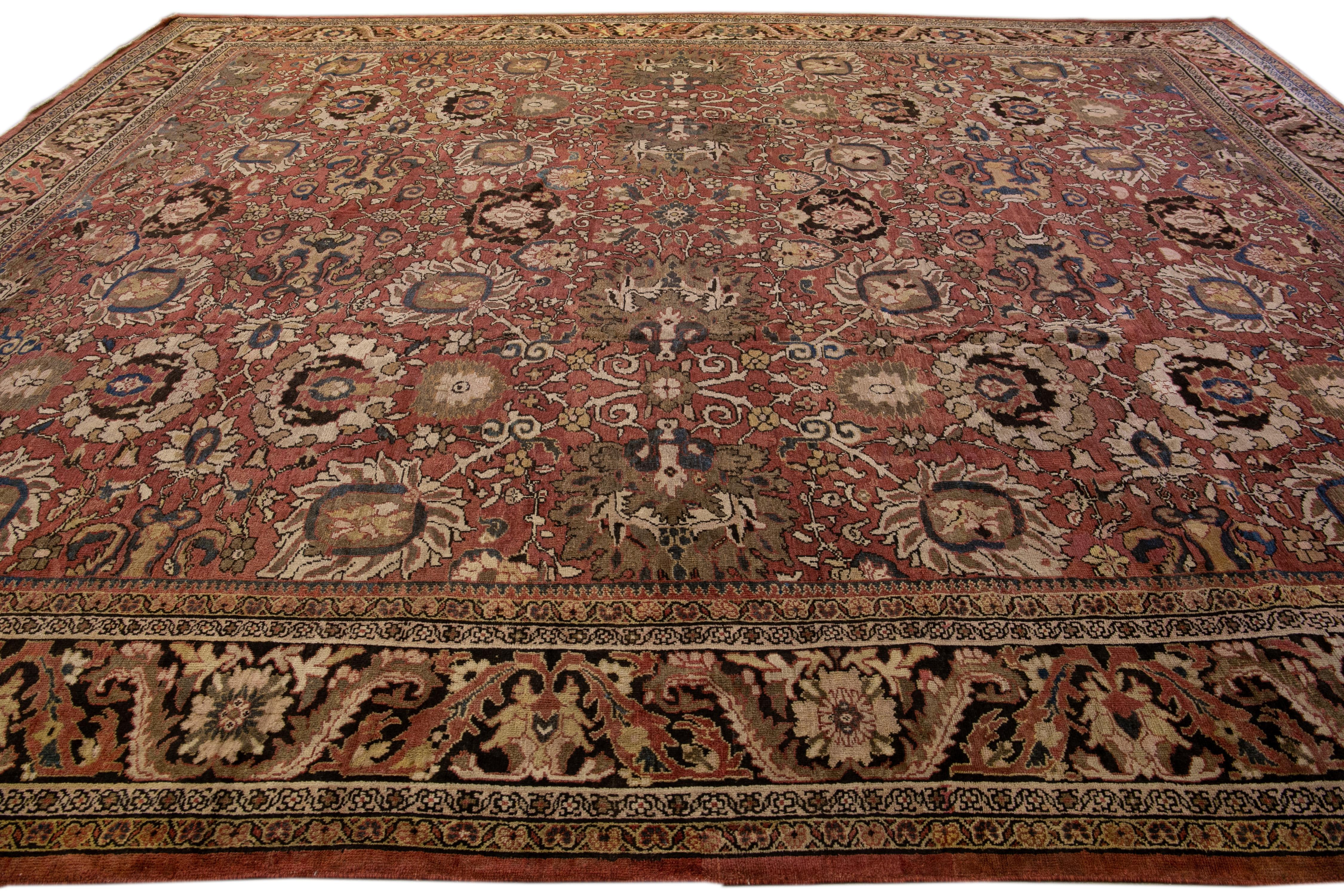Antique Sultanabad Handmade Floral Red Oversize Wool Rug In Good Condition For Sale In Norwalk, CT