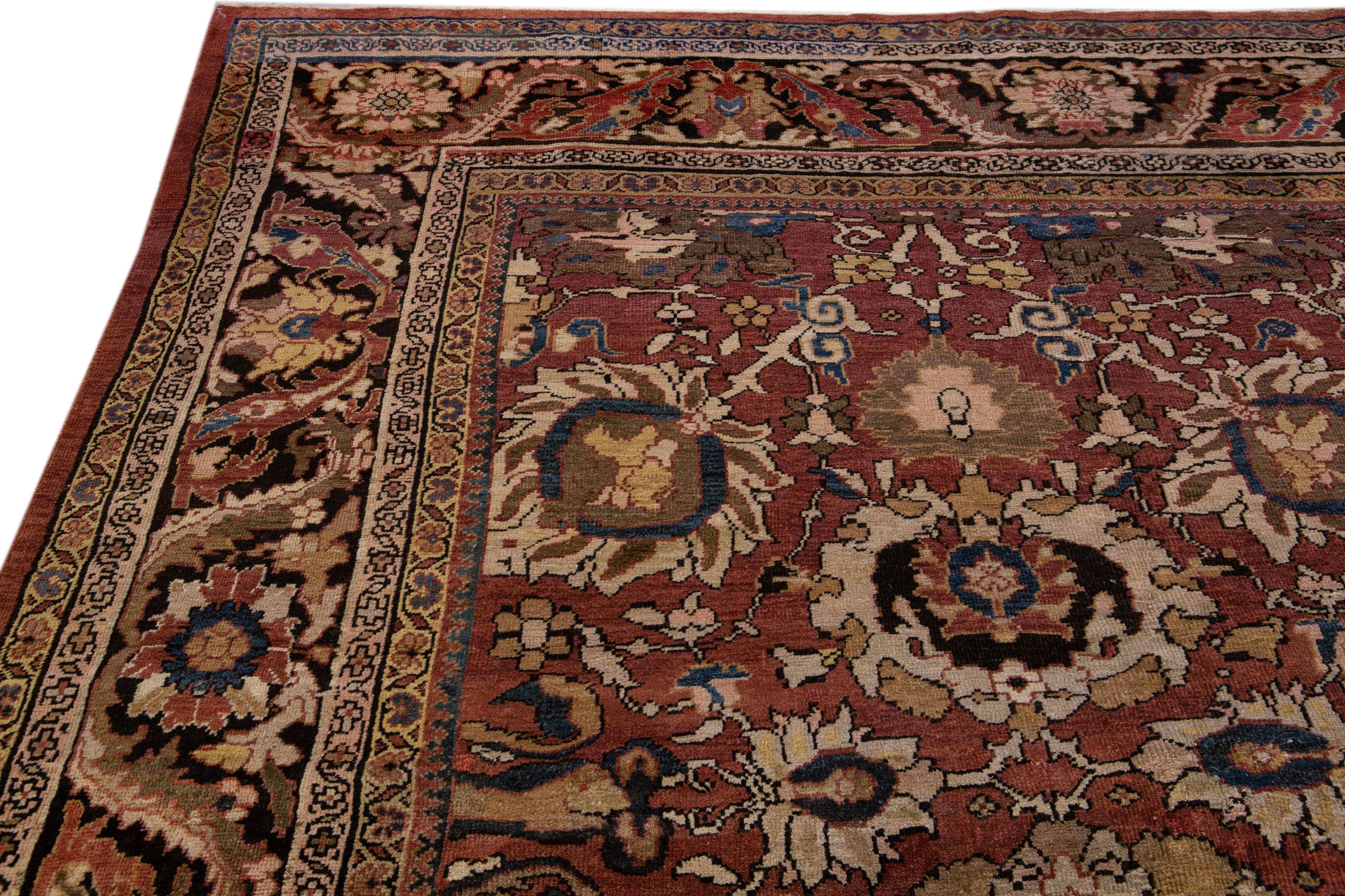 20th Century Antique Sultanabad Handmade Floral Red Oversize Wool Rug For Sale