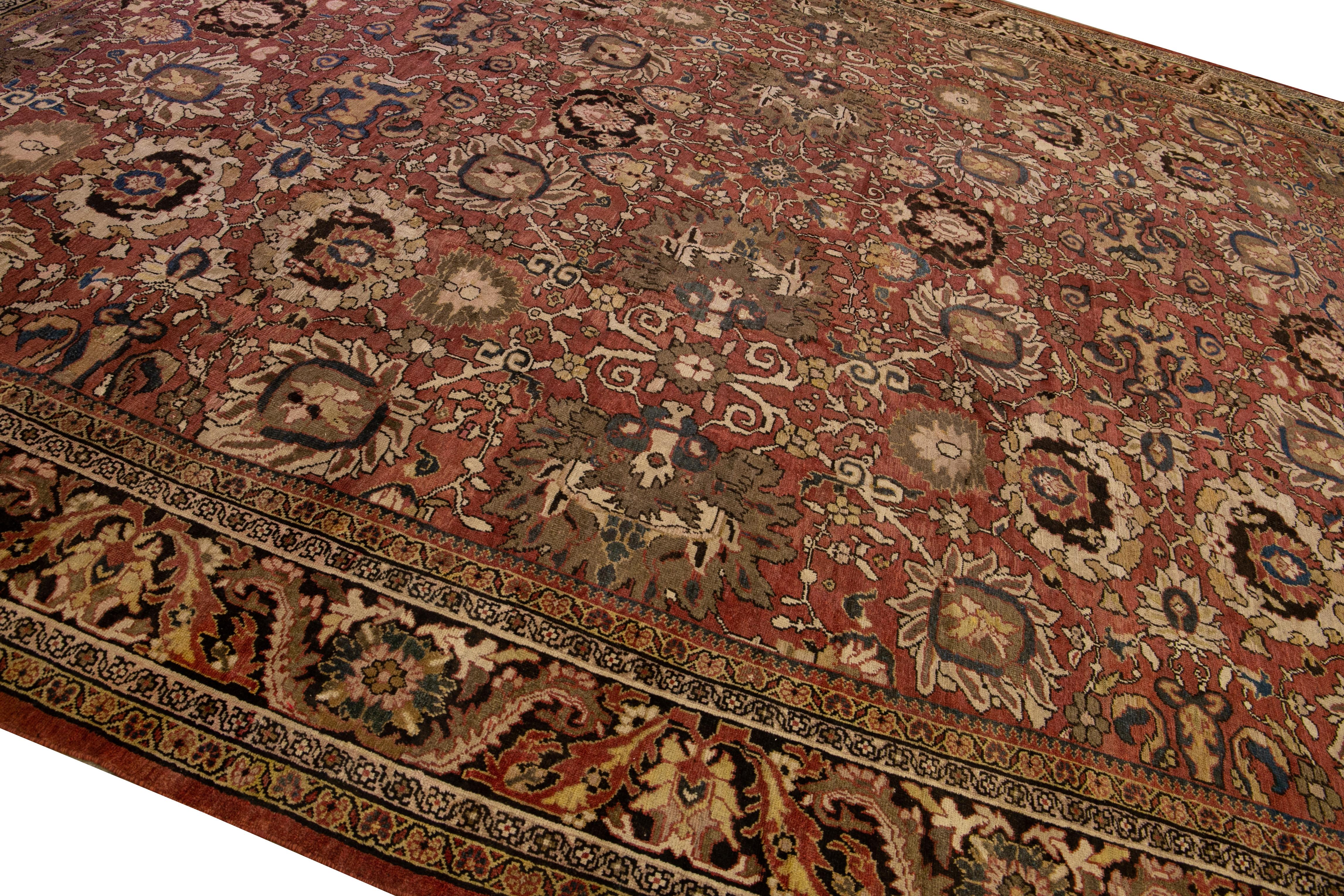 Antique Sultanabad Handmade Floral Red Oversize Wool Rug For Sale 1