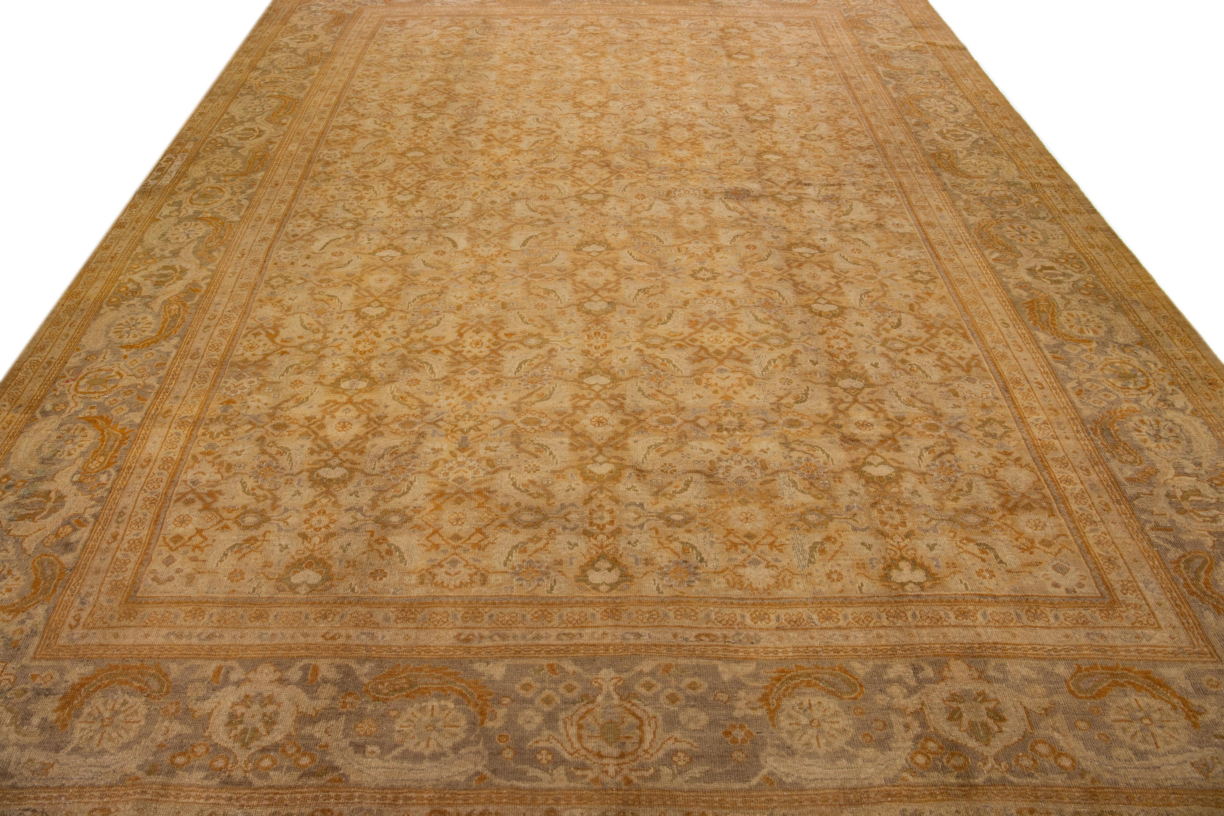 Islamic Antique Sultanabad Handmade Tan Wool Rug with Allover Floral Design For Sale