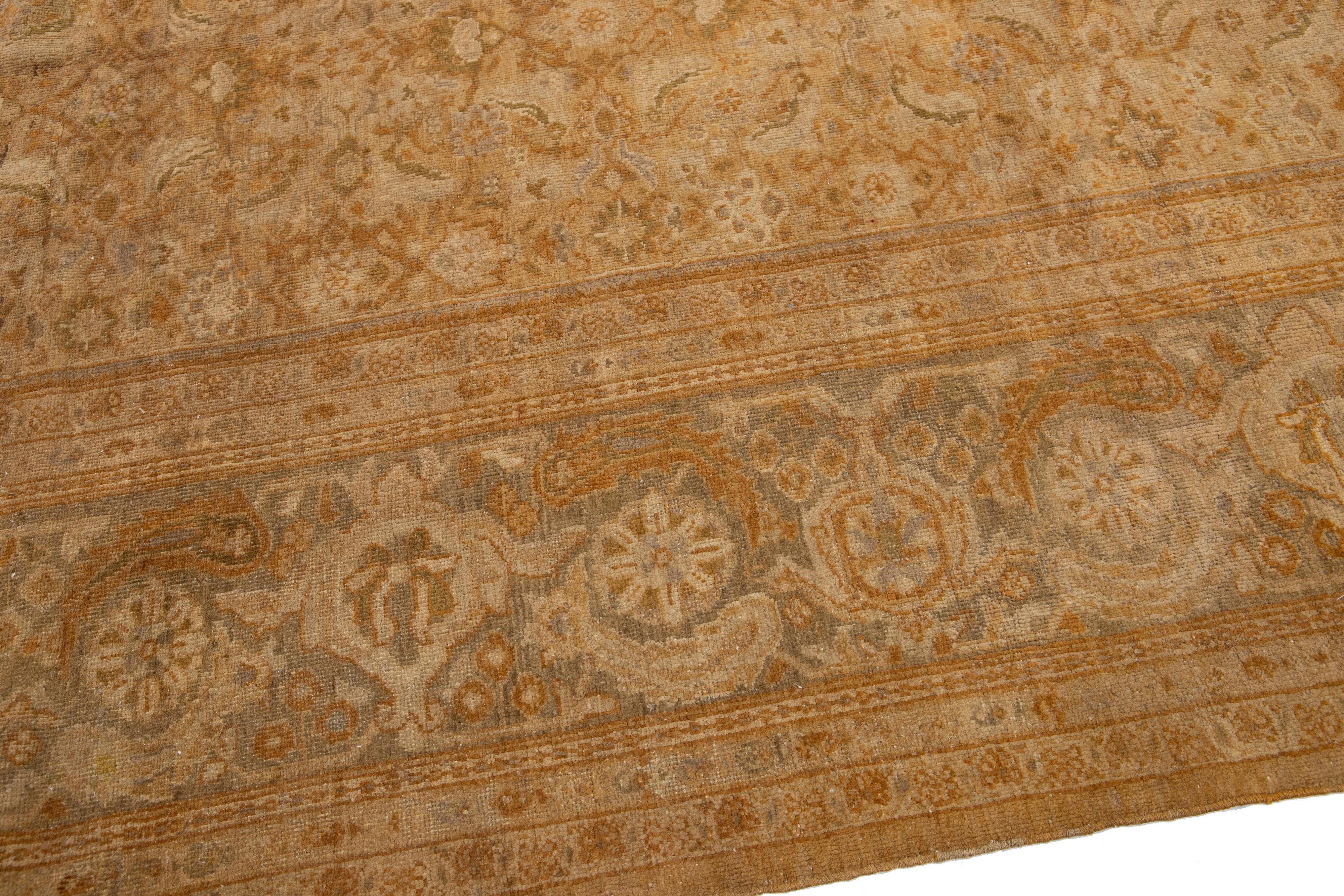 Hand-Knotted Antique Sultanabad Handmade Tan Wool Rug with Allover Floral Design For Sale