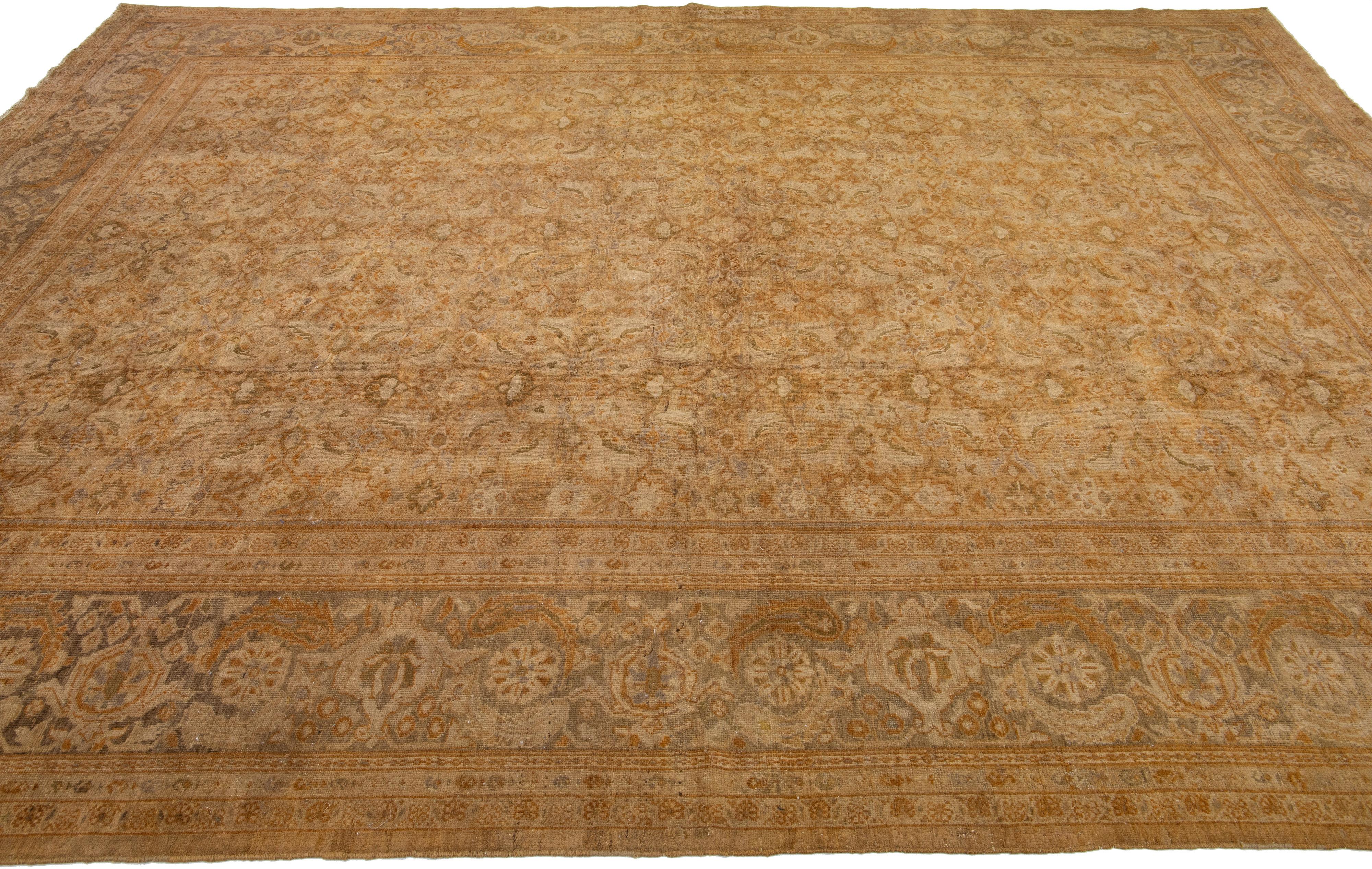 Antique Sultanabad Handmade Tan Wool Rug with Allover Floral Design In Good Condition For Sale In Norwalk, CT