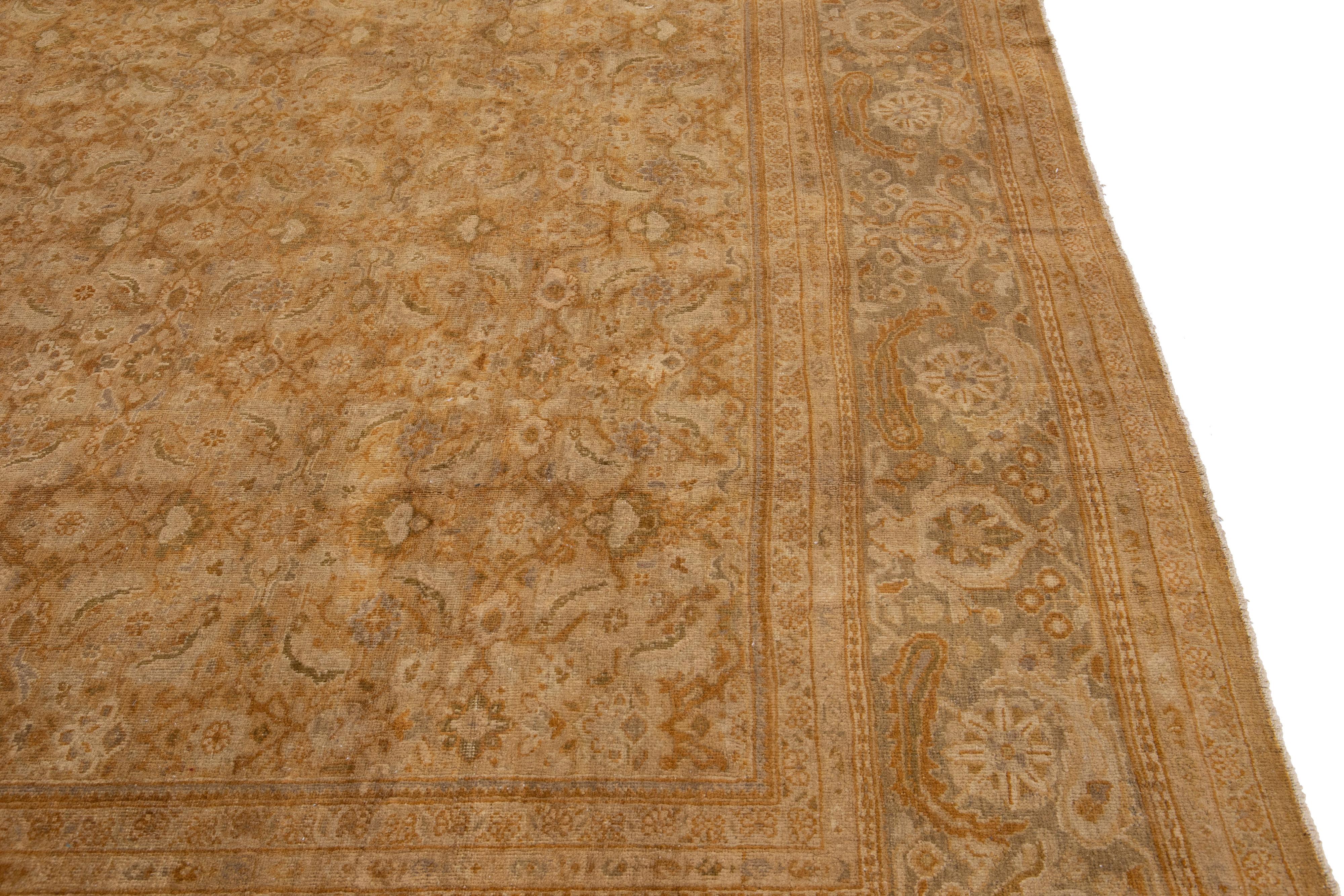 19th Century Antique Sultanabad Handmade Tan Wool Rug with Allover Floral Design For Sale