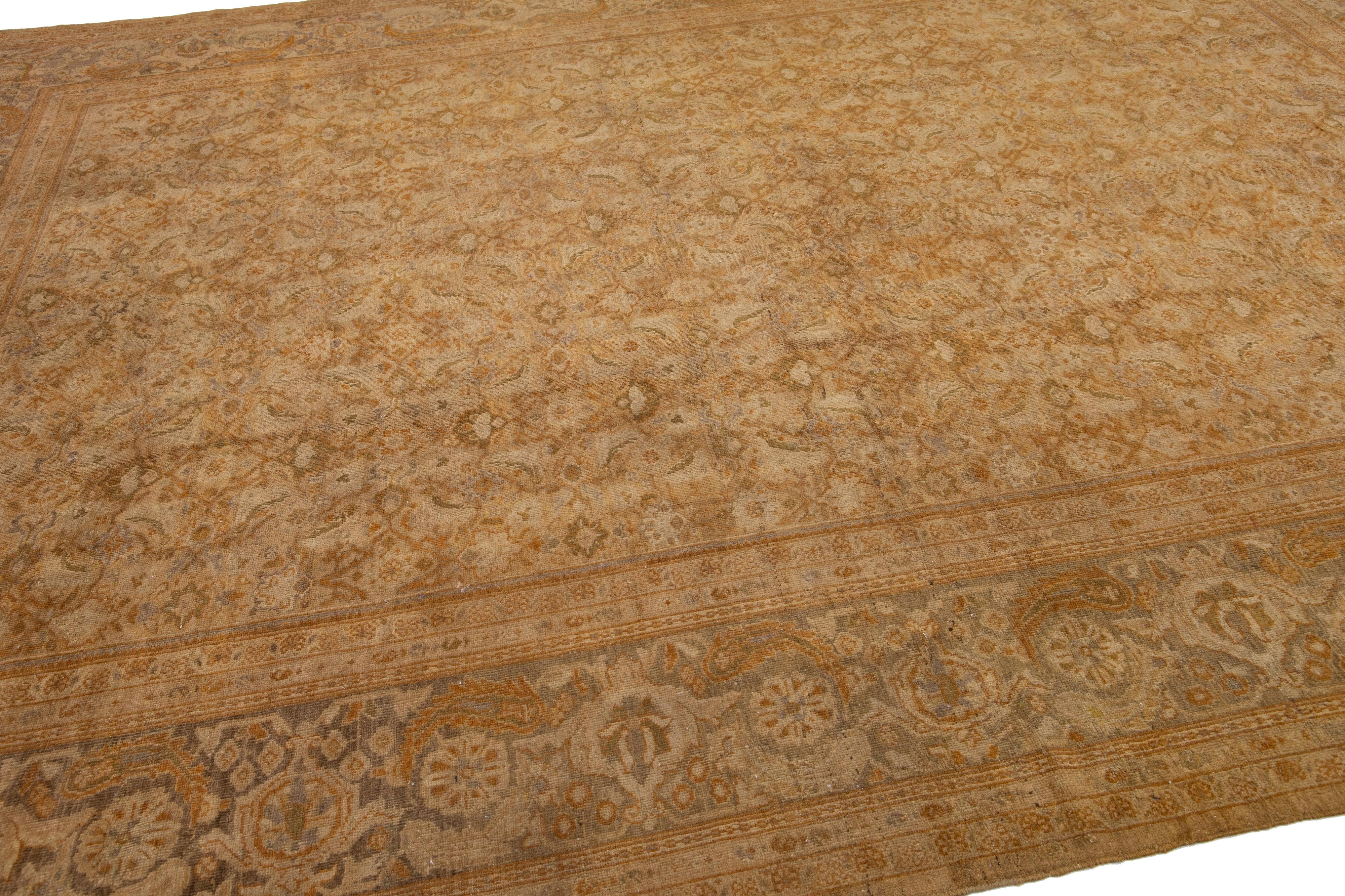 Antique Sultanabad Handmade Tan Wool Rug with Allover Floral Design For Sale 1