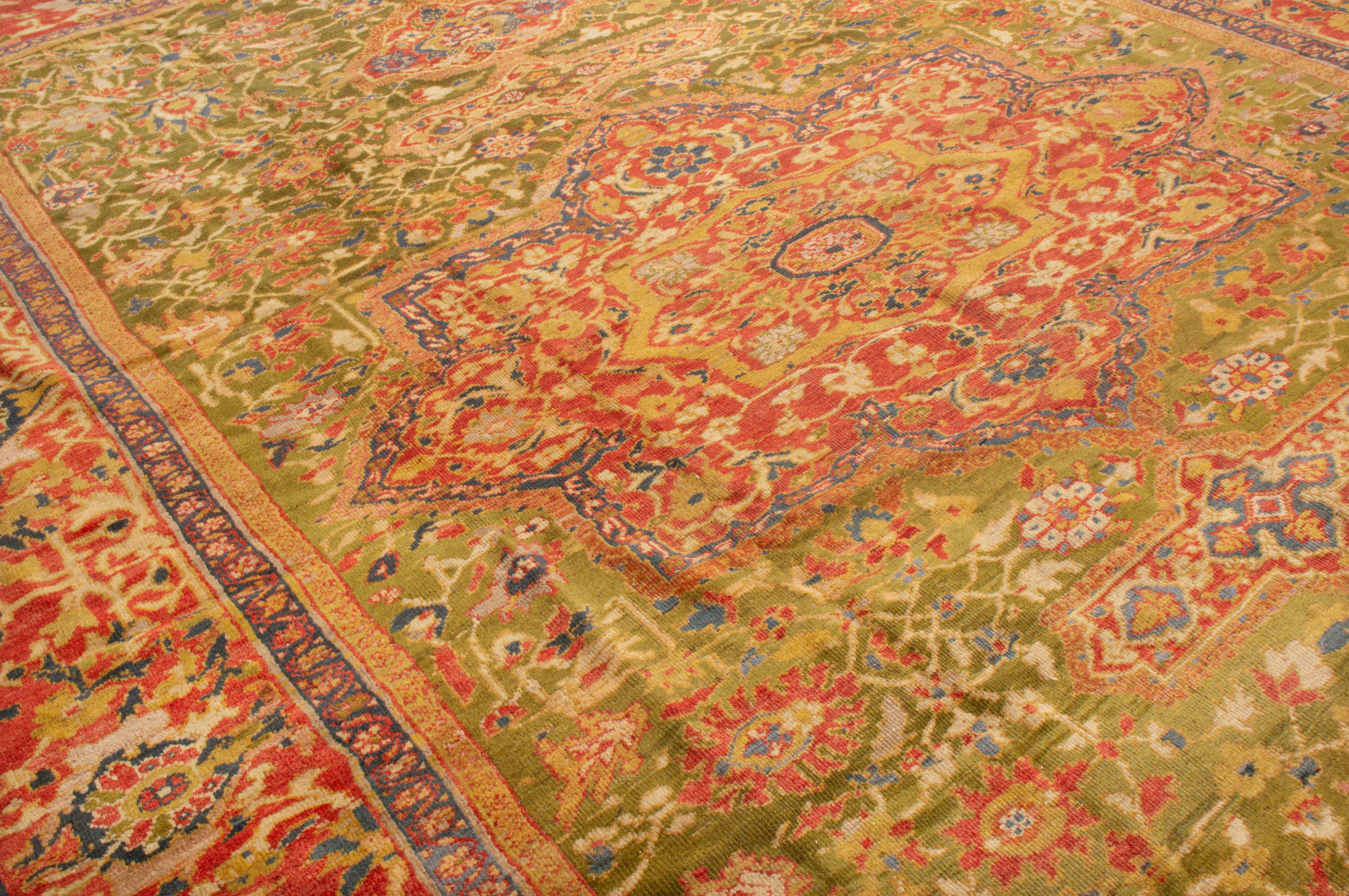 Pakistani Antique Sultanabad Indian Red and Green Floral Rug