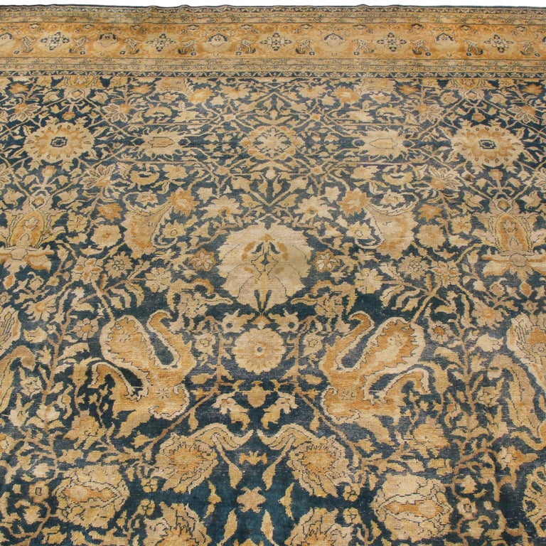 Antique Sultanabad Navy Blue and Gold Wool Persian Rug For Sale at