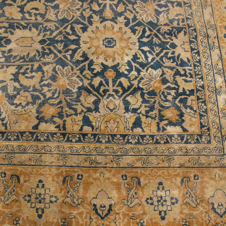 Antique Sultanabad Navy Blue and Gold Wool Persian Rug For Sale at
