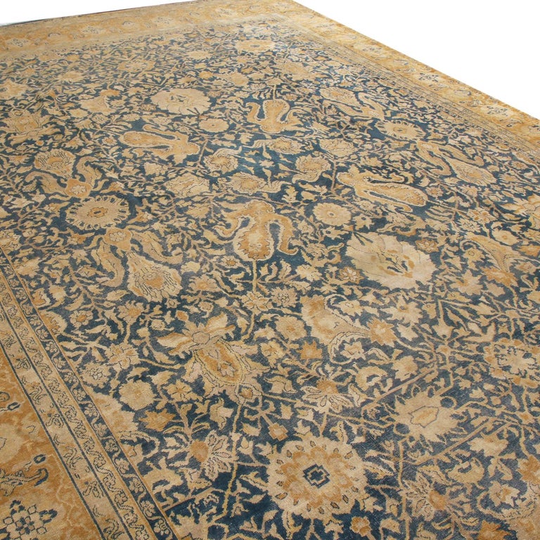 Antique Sultanabad Navy Blue and Gold Wool Persian Rug For Sale at