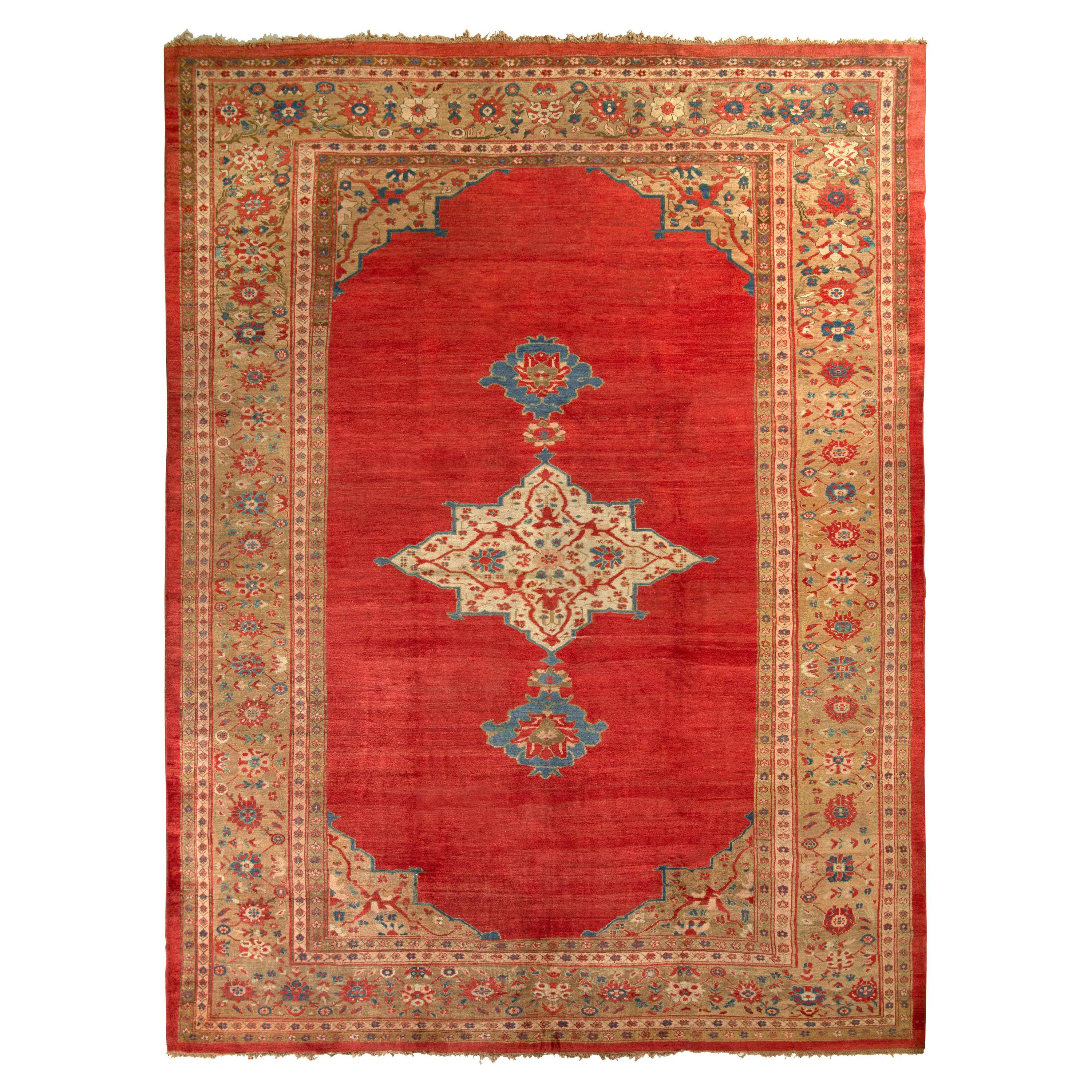 Antique Sultanabad Persian Rug in Red & Beige Medallion Pattern