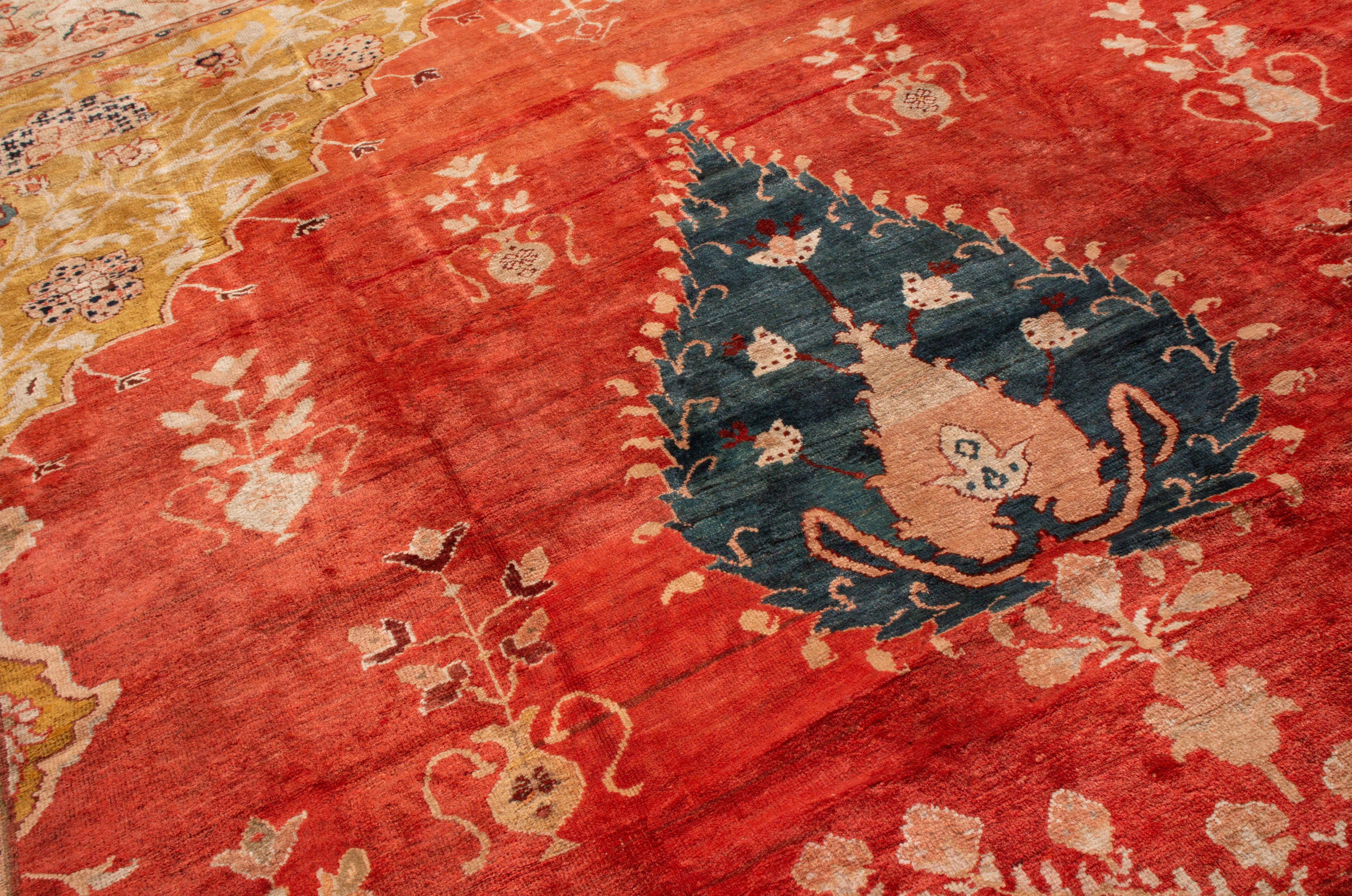 Hand-Knotted Antique Sultanabad Red and Gold Medallion Rug with Geometric-Floral Patterns