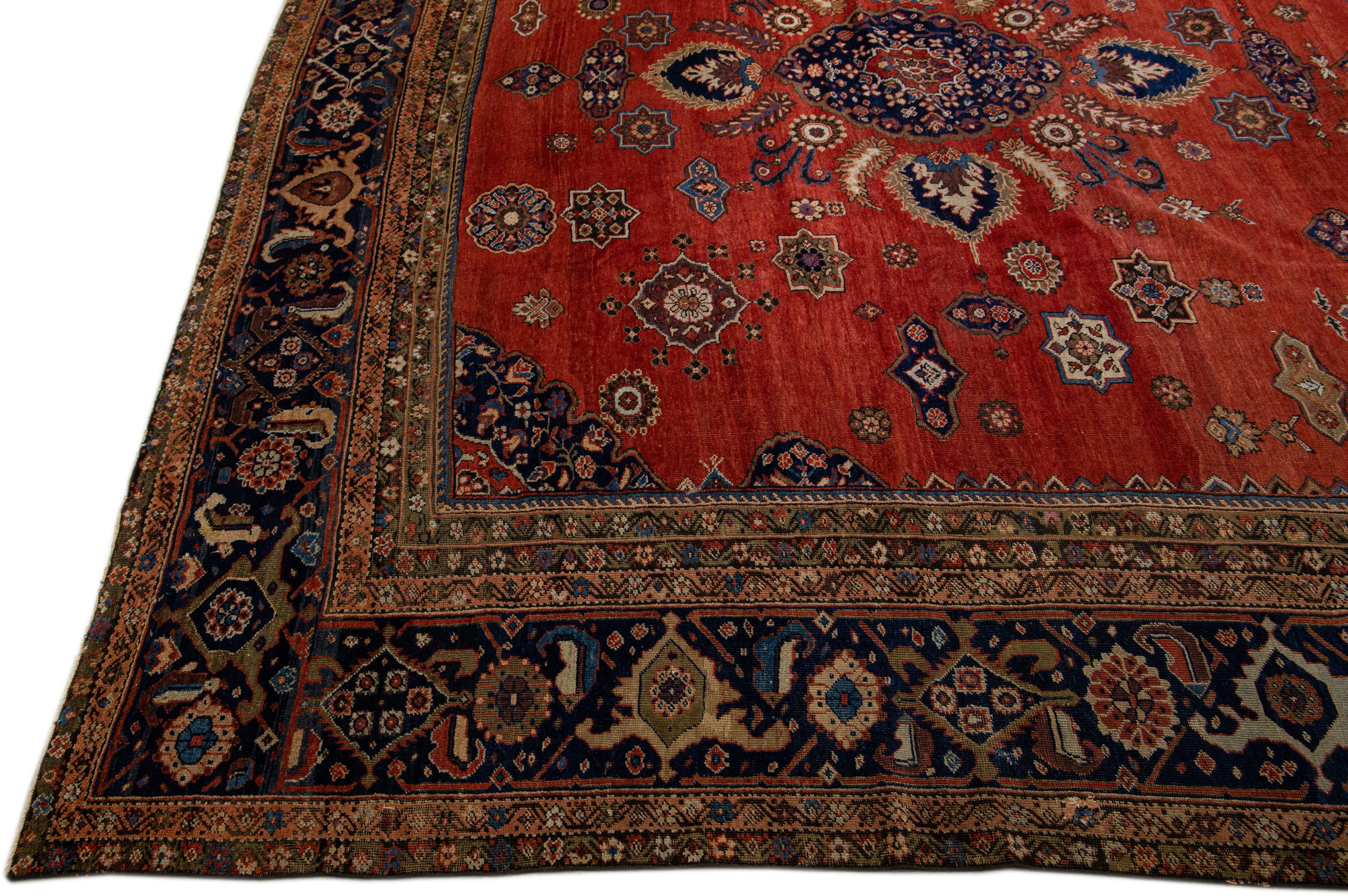 20th Century Antique Sultanabad Red Handmade Floral Pattern Persian Wool Rug  For Sale