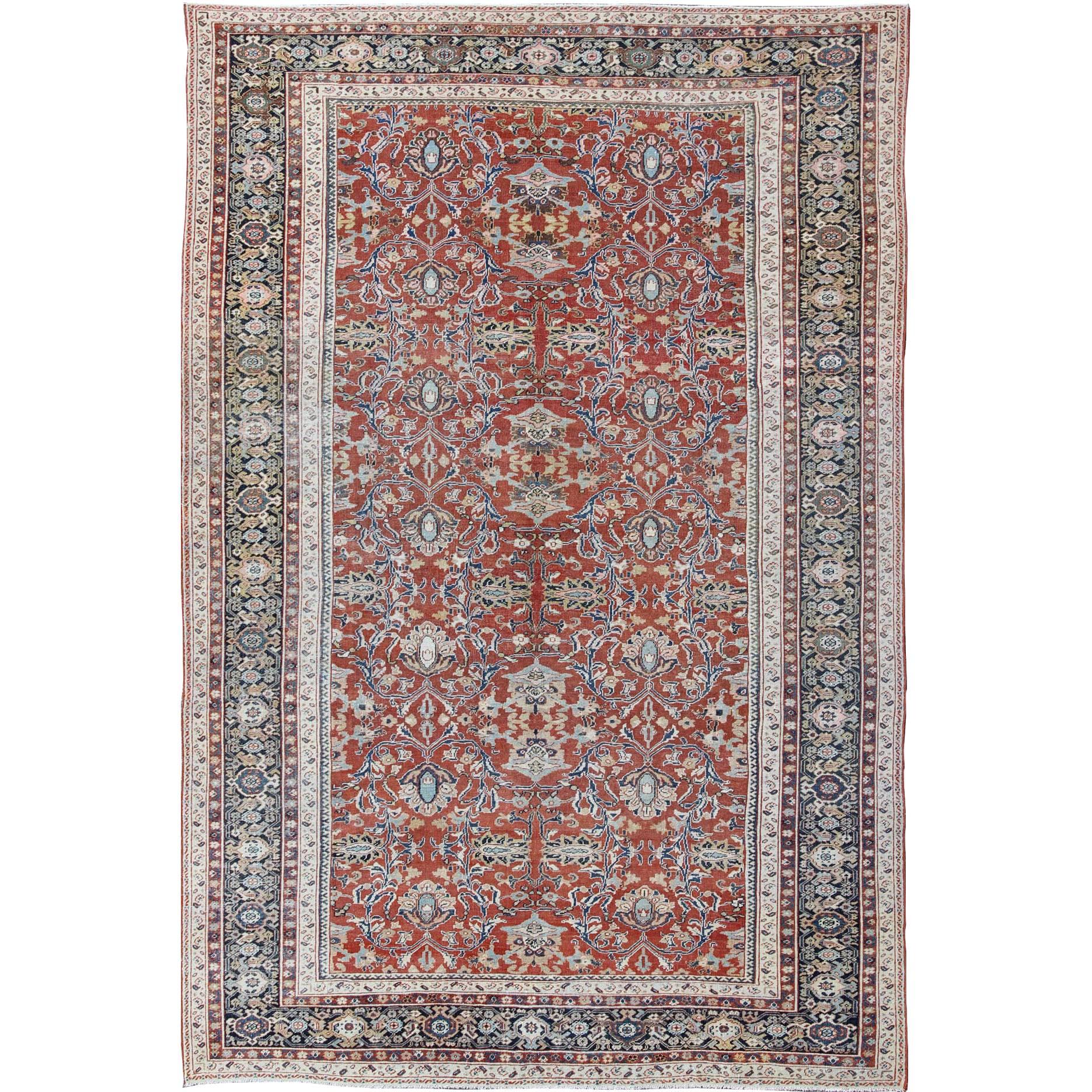 Antique Sultanabad Rug with Large Flower Design in Soft Red Field & Multi Colors For Sale