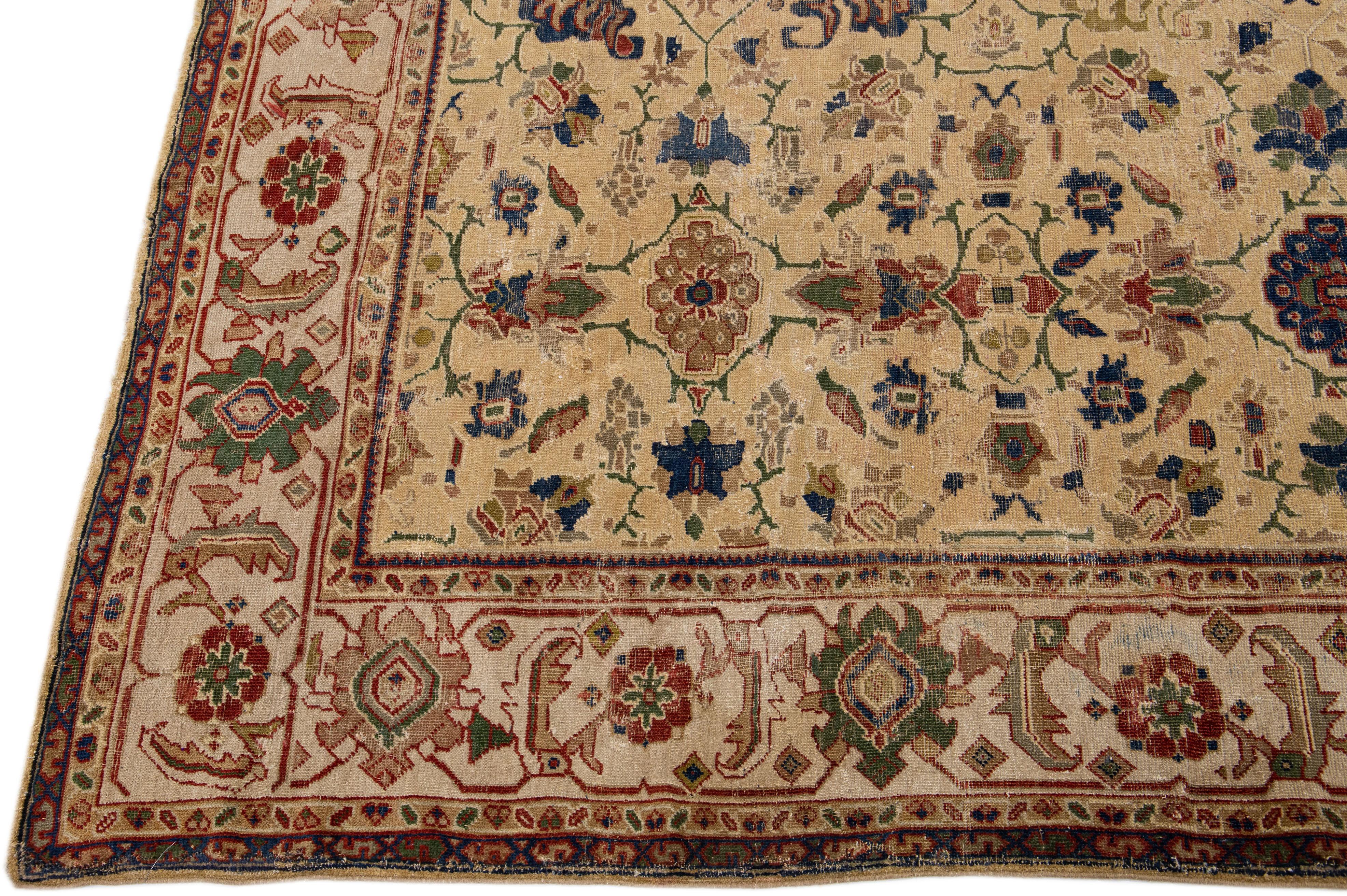 Islamic Antique Sultanabad Tan Handmade Wool Rug with Allover Pattern For Sale
