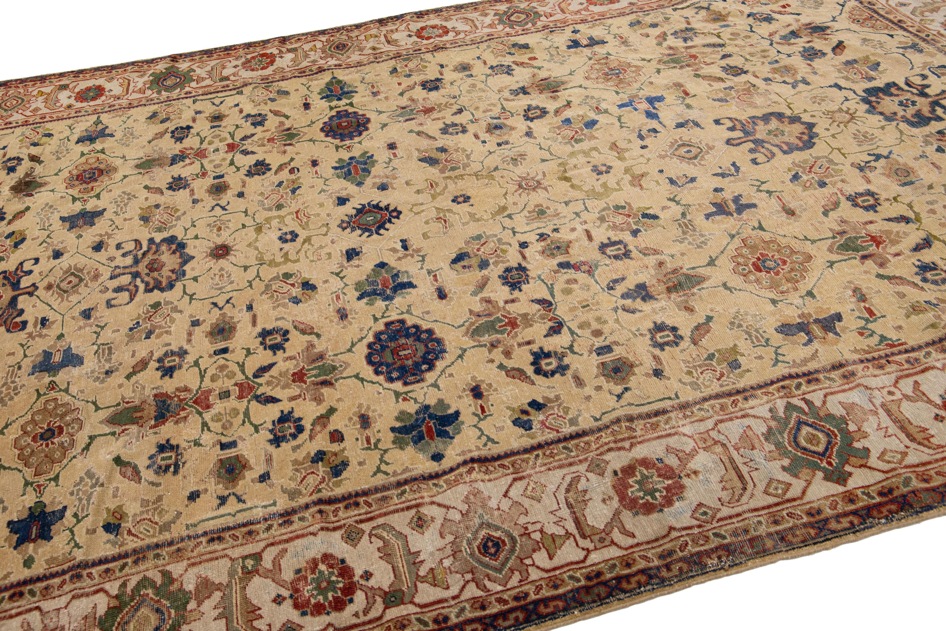 Persian Antique Sultanabad Tan Handmade Wool Rug with Allover Pattern For Sale