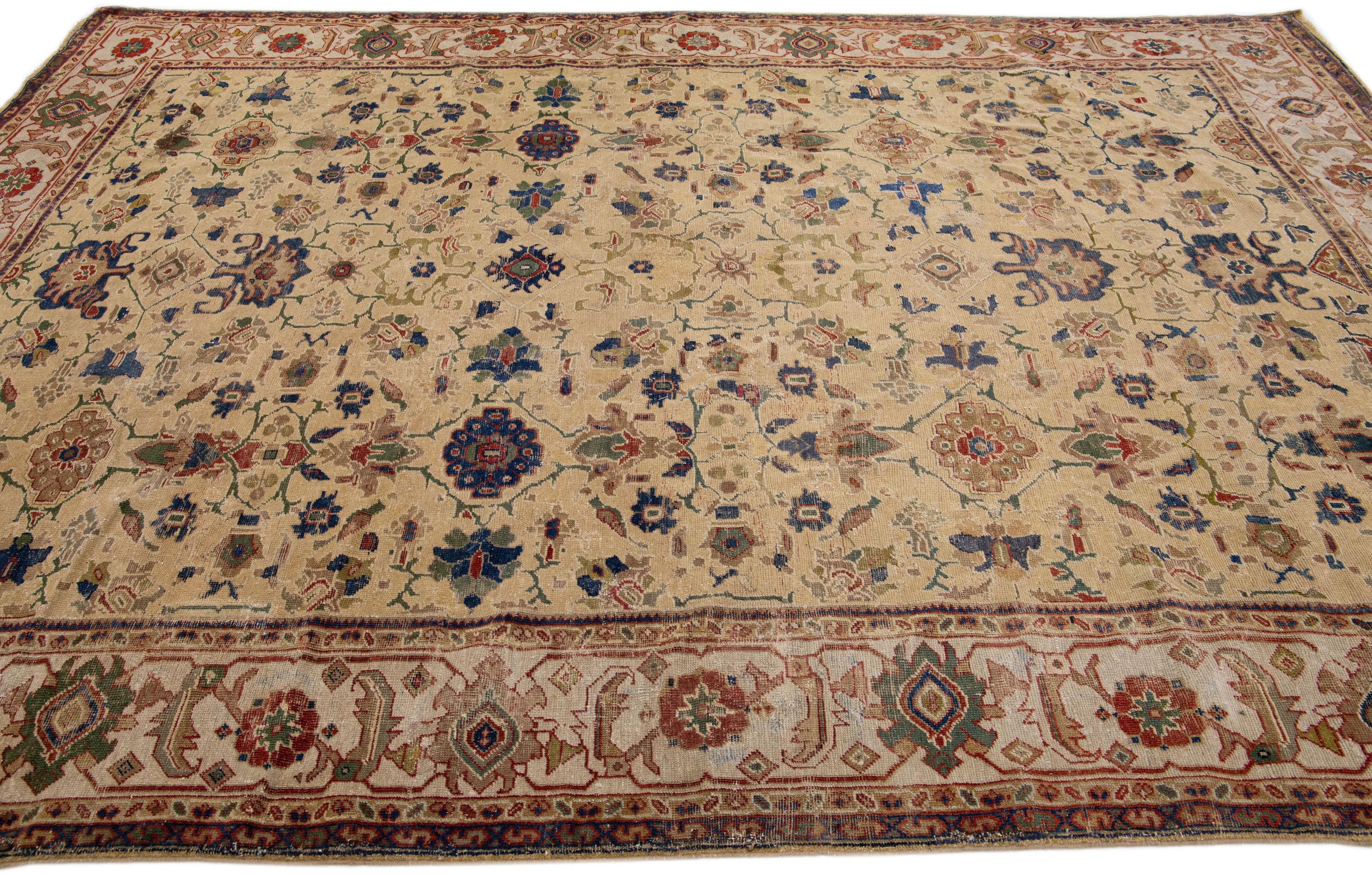 Hand-Knotted Antique Sultanabad Tan Handmade Wool Rug with Allover Pattern For Sale