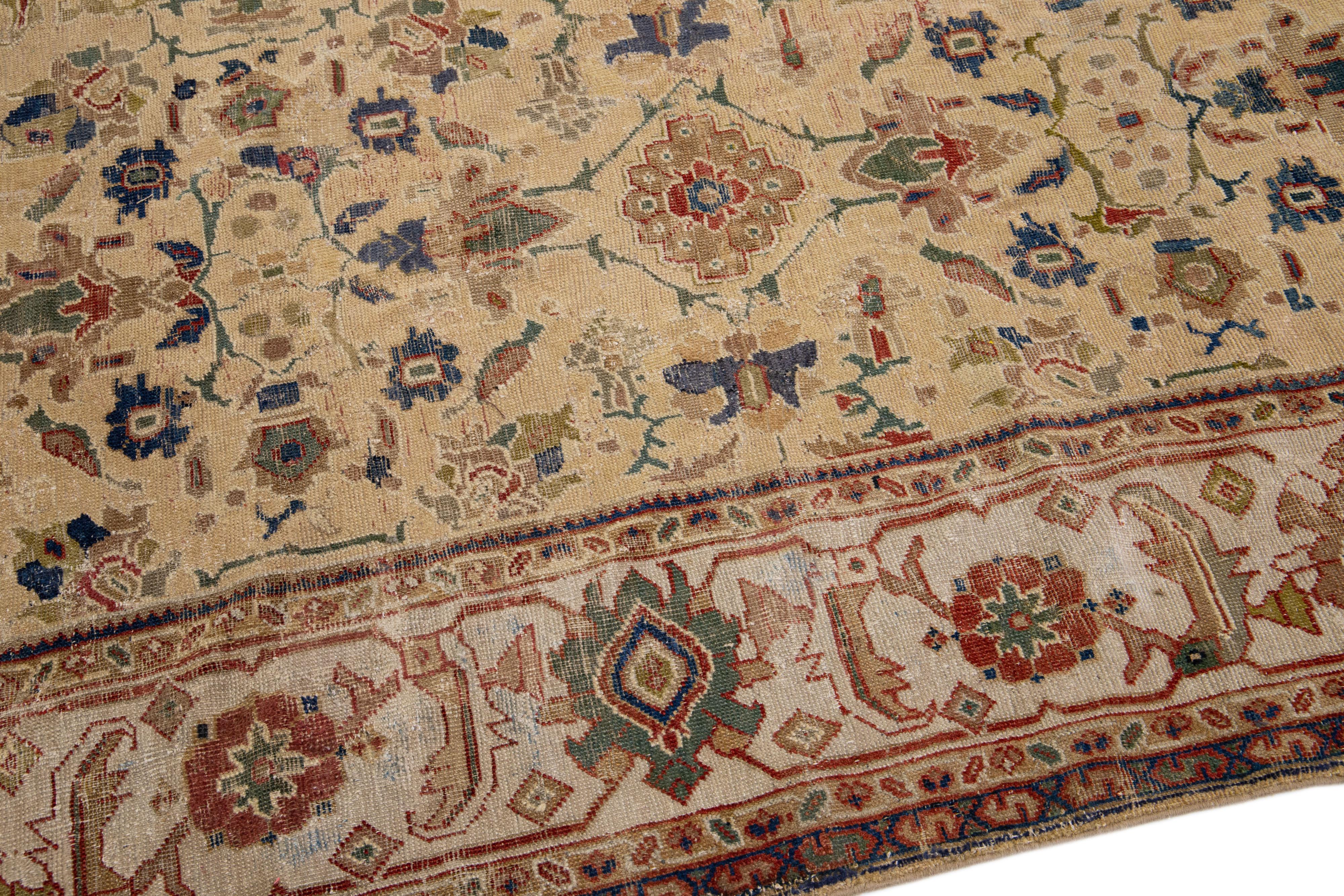 Antique Sultanabad Tan Handmade Wool Rug with Allover Pattern In Distressed Condition For Sale In Norwalk, CT