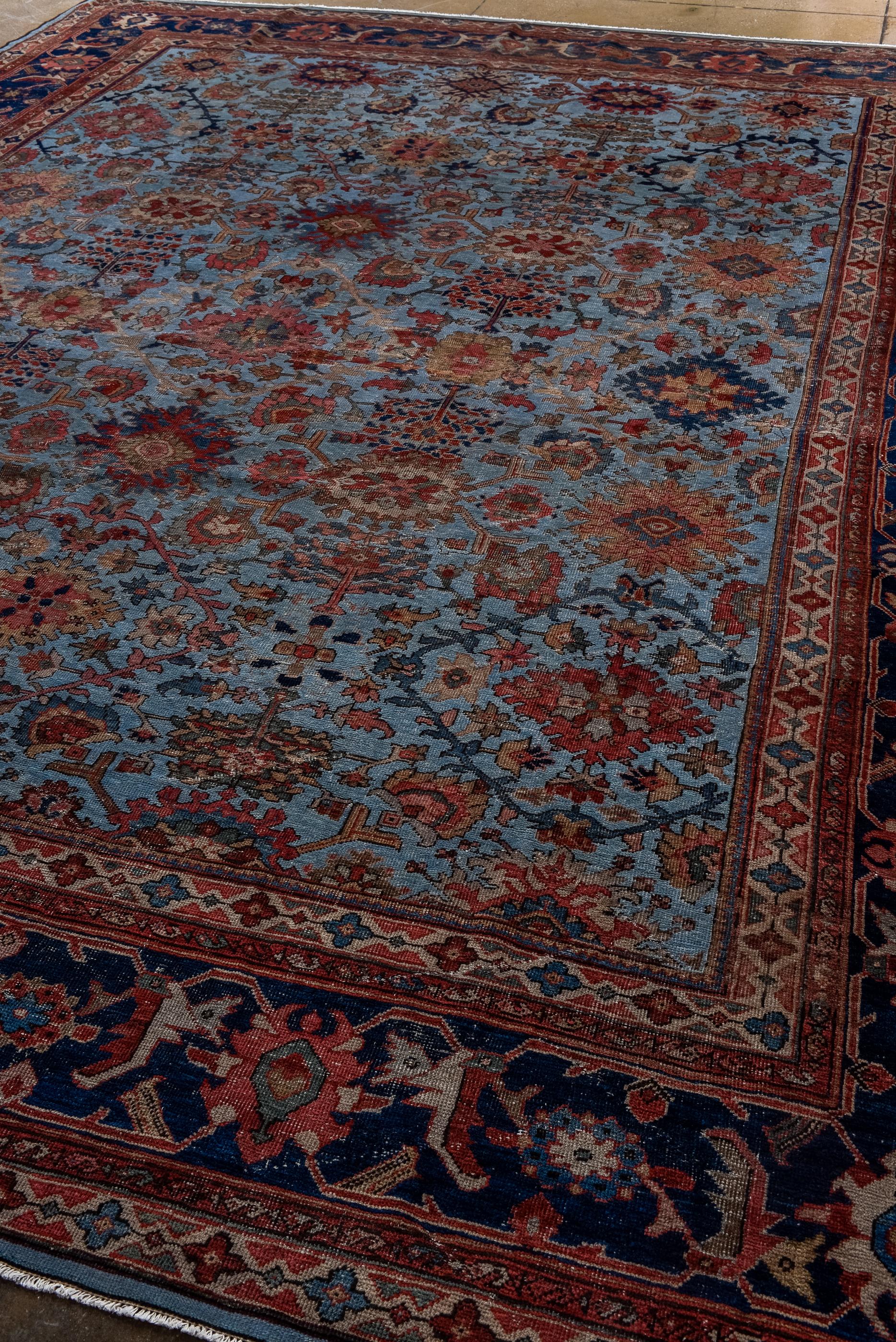 Persian Antique Sultanabad with Blue Field and Harshang Design  For Sale