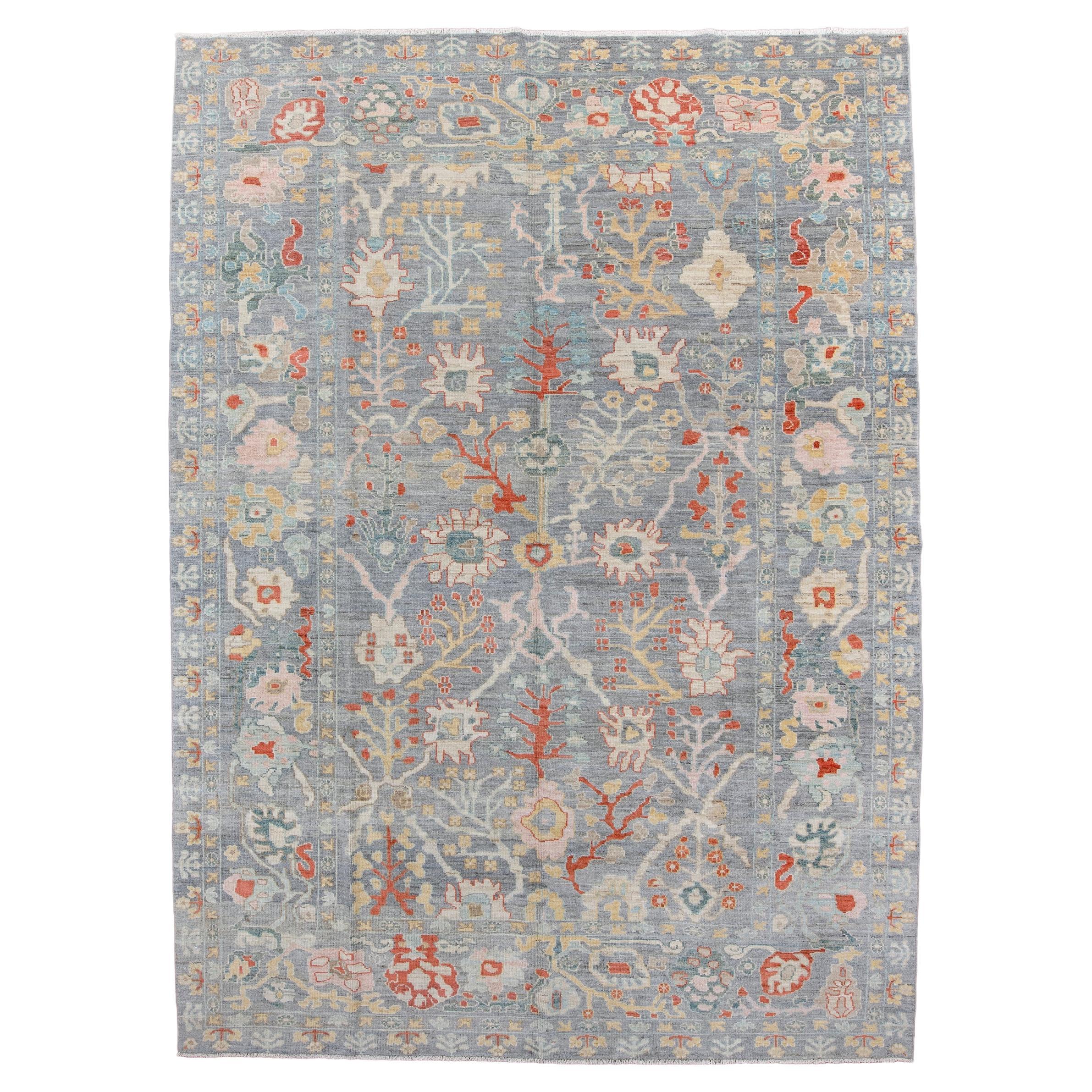 Antique Sultanabad with Blue Field and Palmettes with Vines  For Sale
