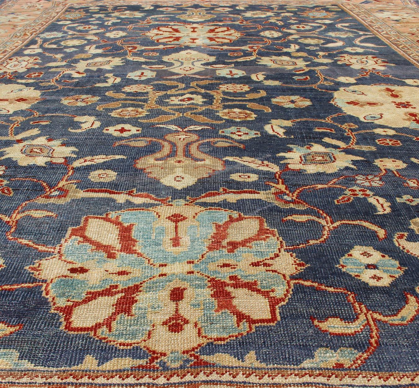 Antique Sultanabad Ziegler Persian Rug with Purple Blue Background & Soft Coral  For Sale 4