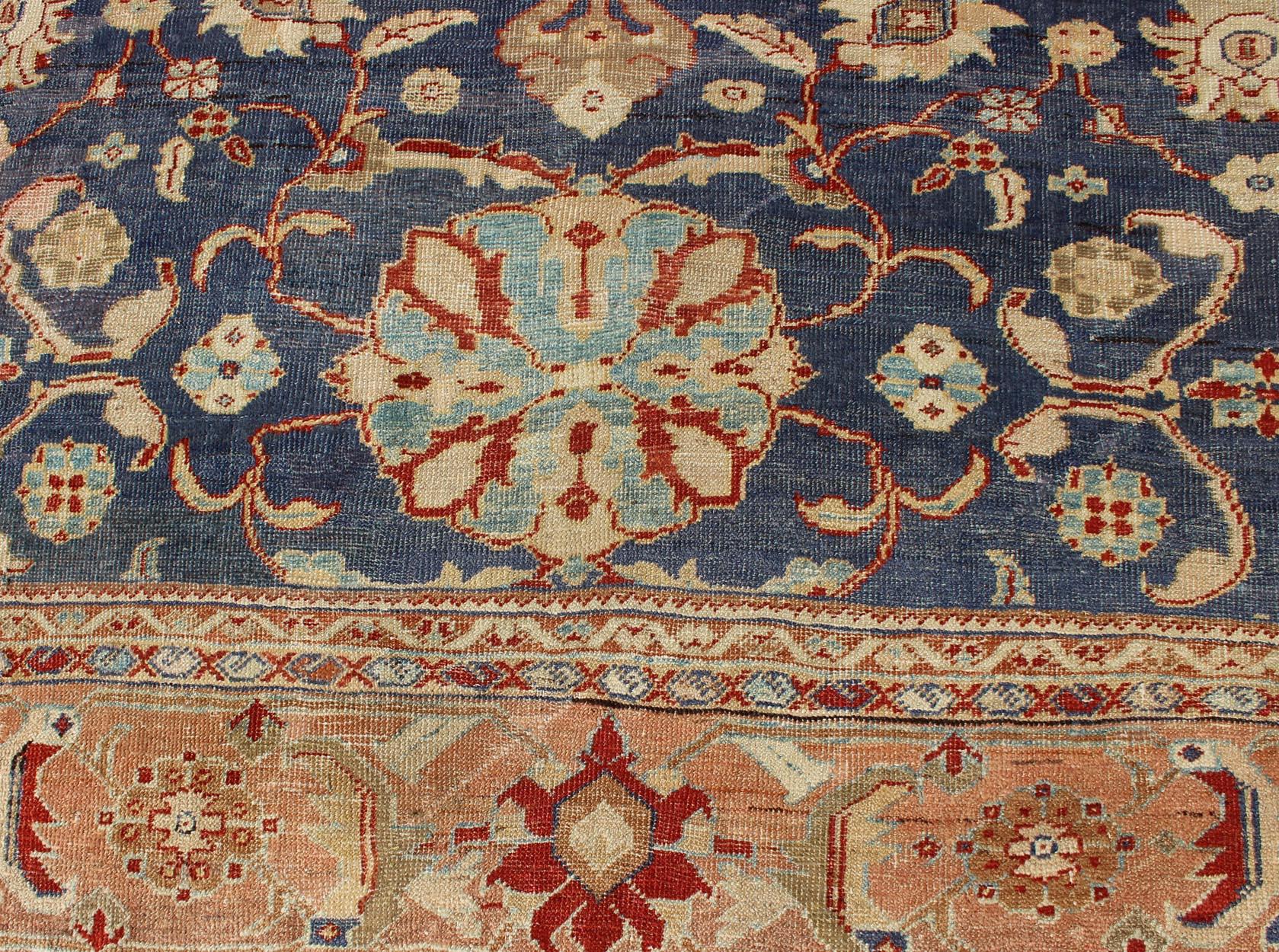 Antique Sultanabad Ziegler Persian Rug with Purple Blue Background & Soft Coral  For Sale 6