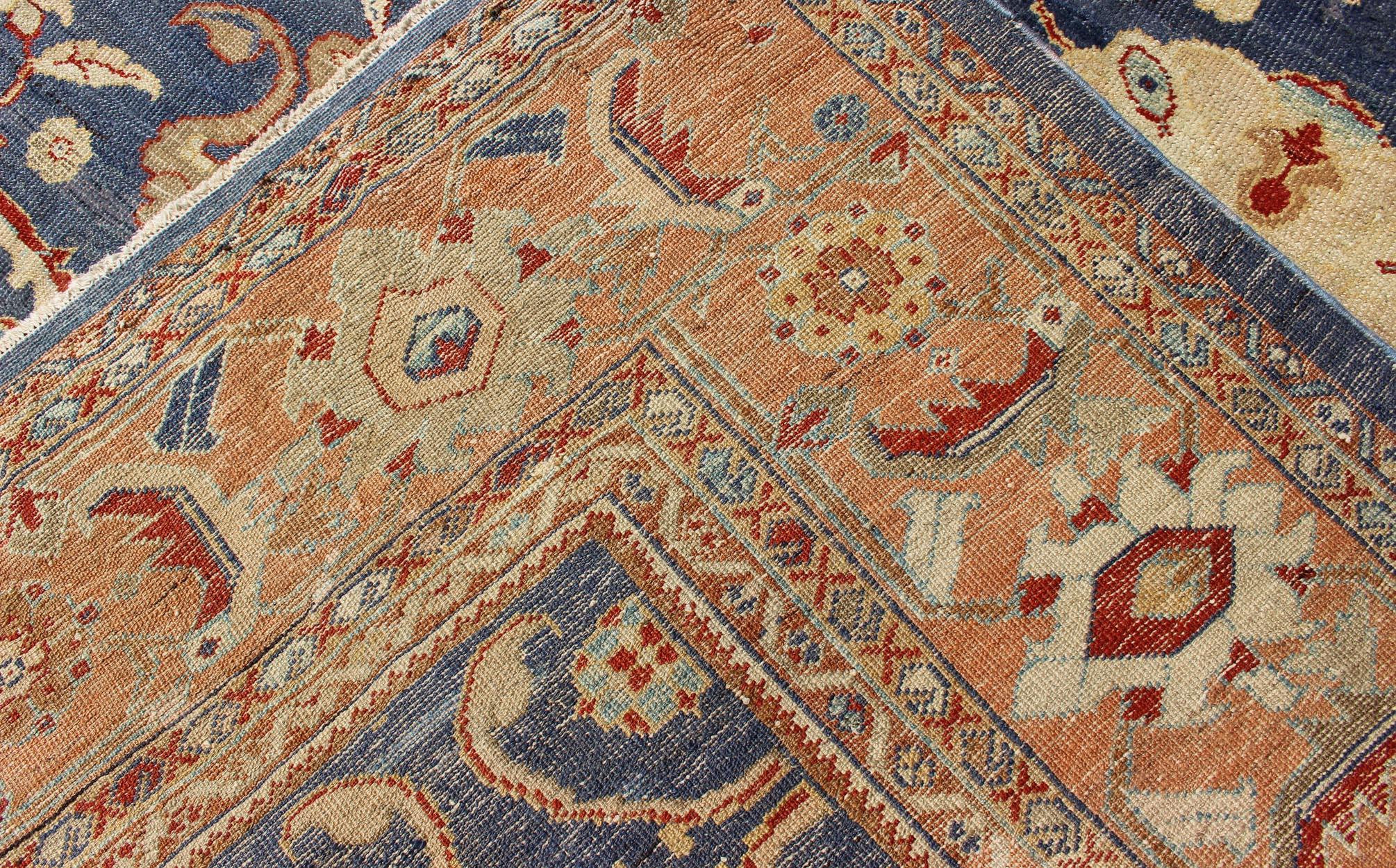 Antique Sultanabad Ziegler Persian Rug with Purple Blue Background & Soft Coral  For Sale 7