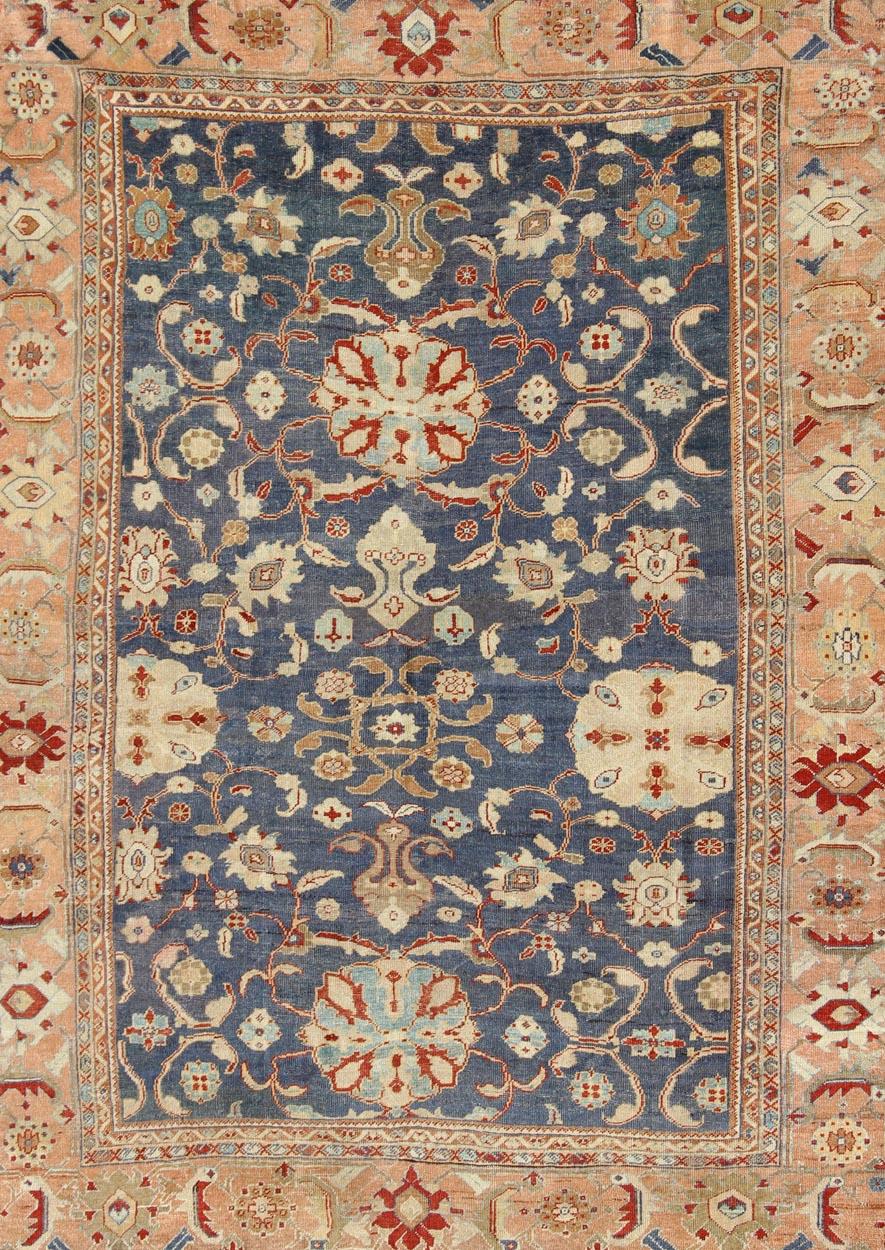 Hand-Knotted Antique Sultanabad Ziegler Persian Rug with Purple Blue Background & Soft Coral  For Sale