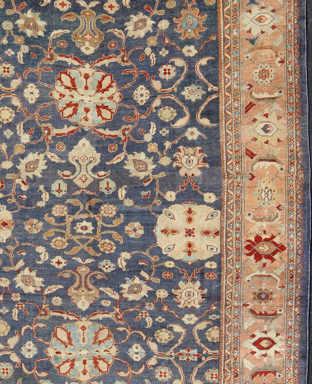 Antique Sultanabad Ziegler Persian Rug with Purple Blue Background & Soft Coral  In Good Condition For Sale In Atlanta, GA