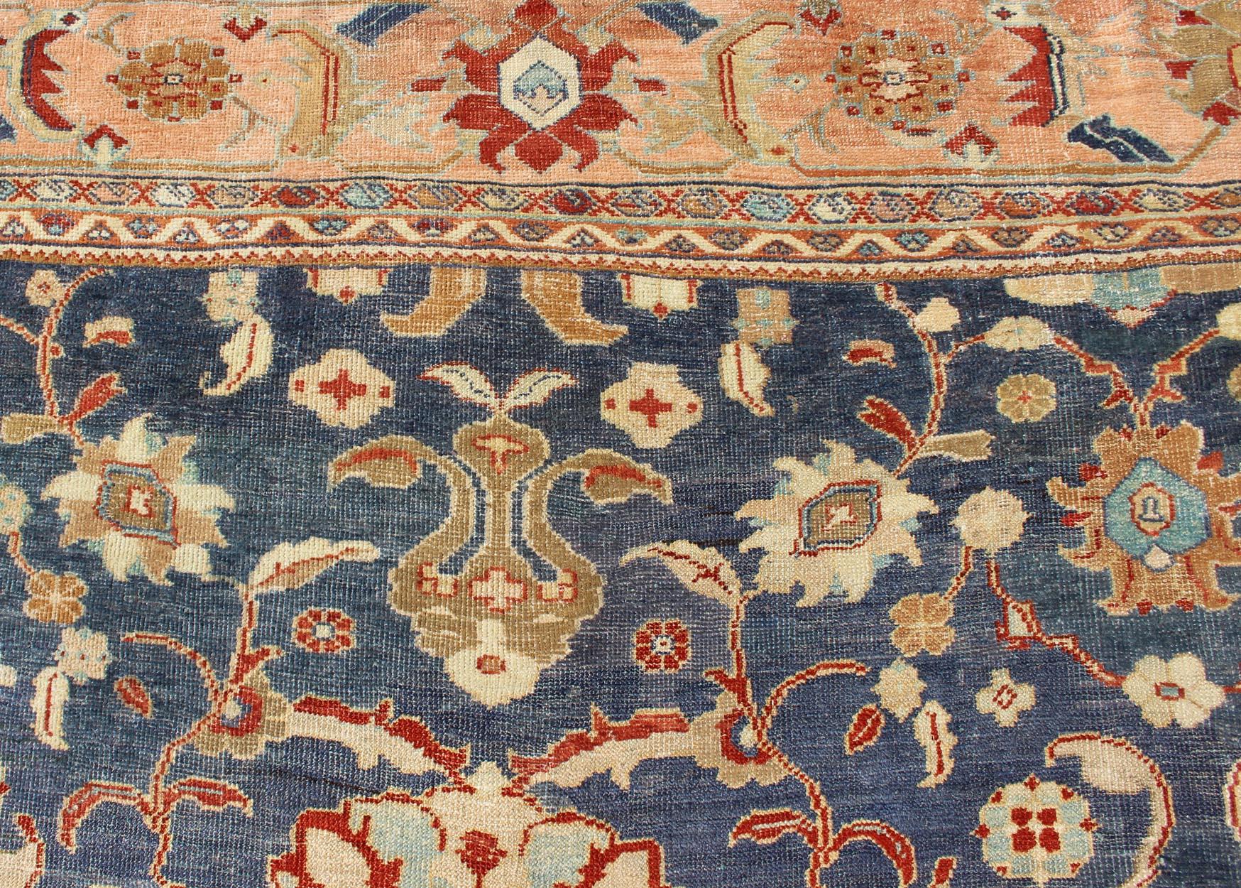 Wool Antique Sultanabad Ziegler Persian Rug with Purple Blue Background & Soft Coral  For Sale