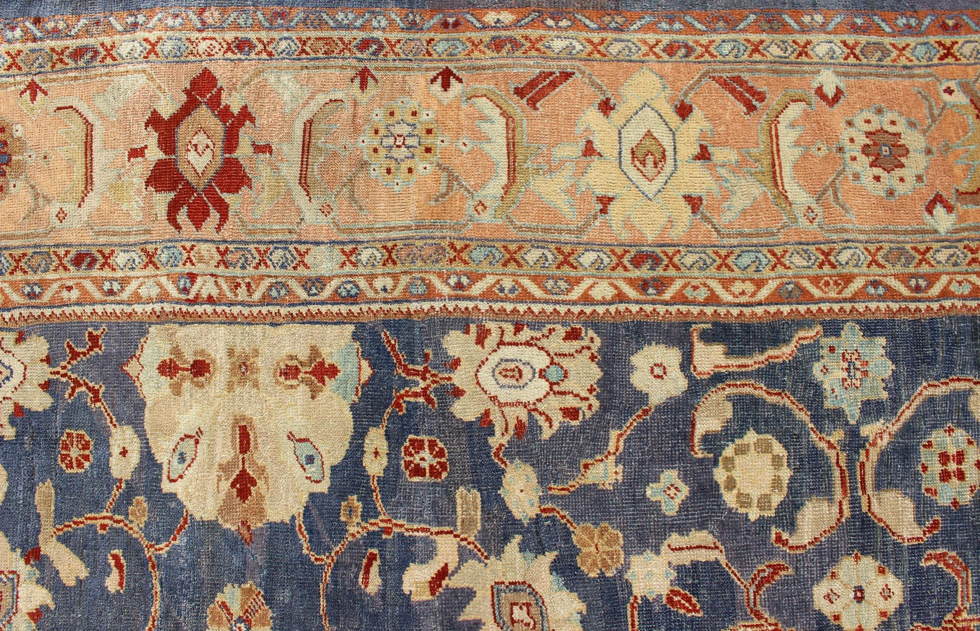 Antique Sultanabad Ziegler Persian Rug with Purple Blue Background & Soft Coral  For Sale 1