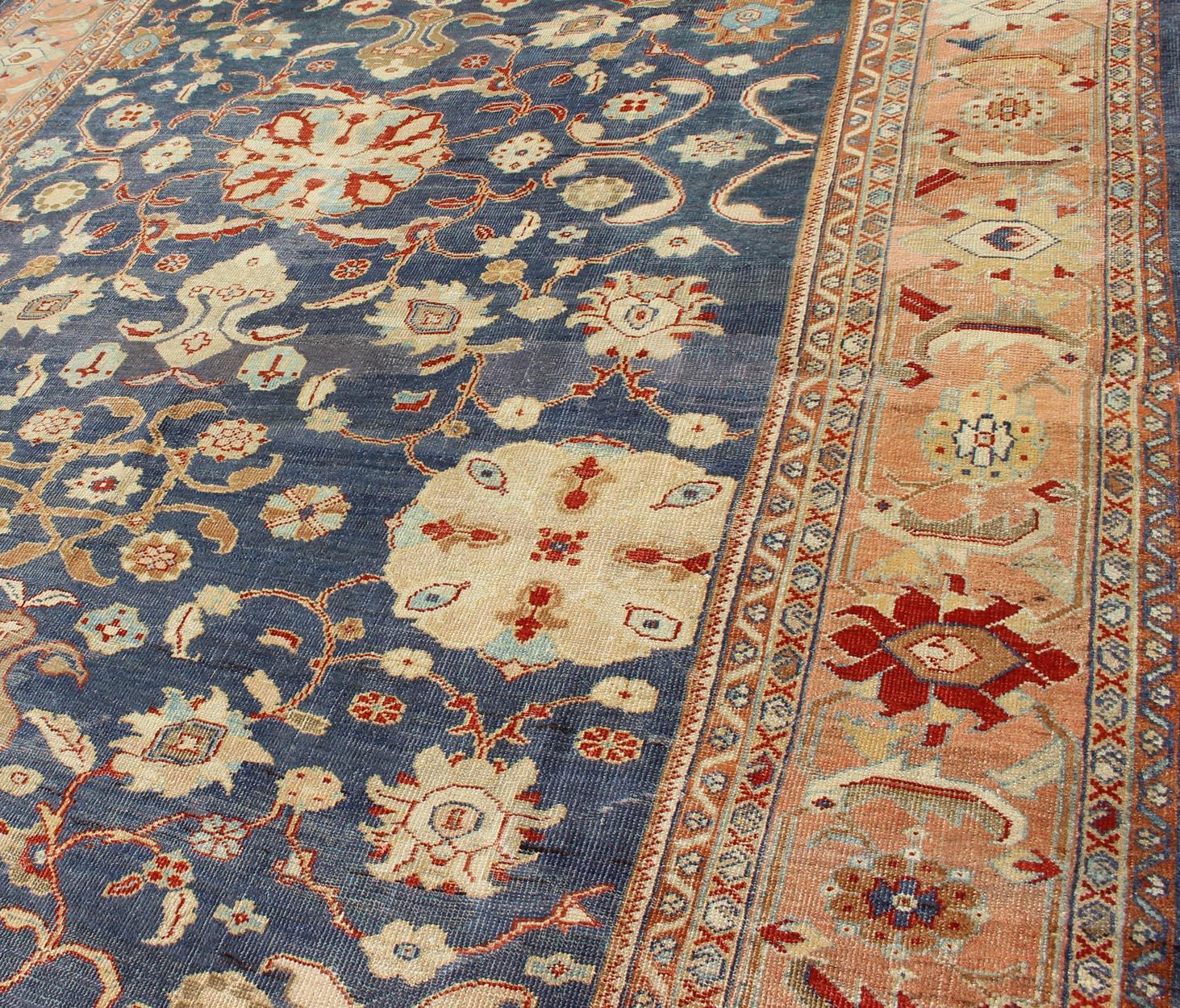 Antique Sultanabad Ziegler Persian Rug with Purple Blue Background & Soft Coral  For Sale 2